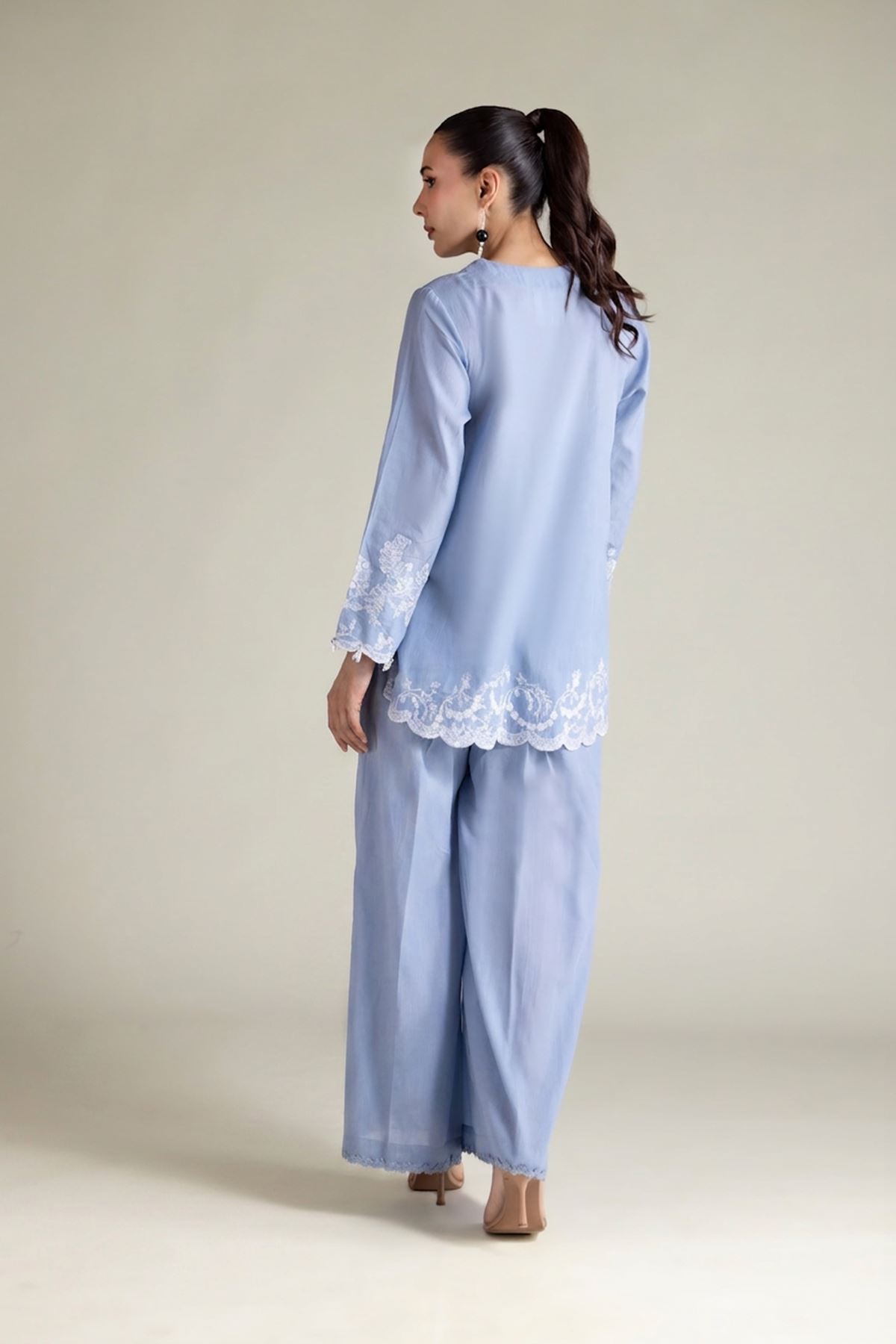 Embroidered Textured Cotton Tailored 2 Piece | Top and Bottom - T-A22-26-207EA2-VG