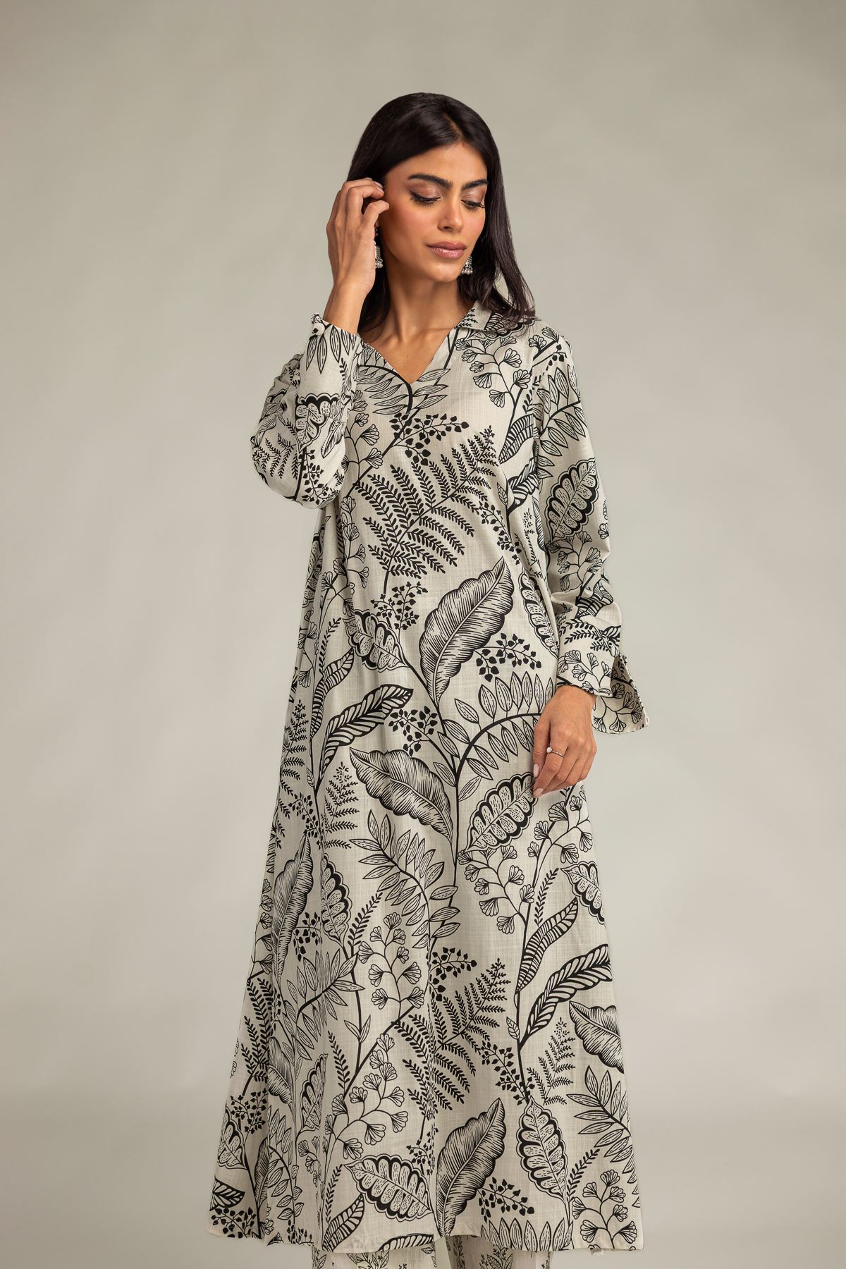 Printed Textured Cotton V-Neck Longline Kurta - 1-26-229-B-F1-VG