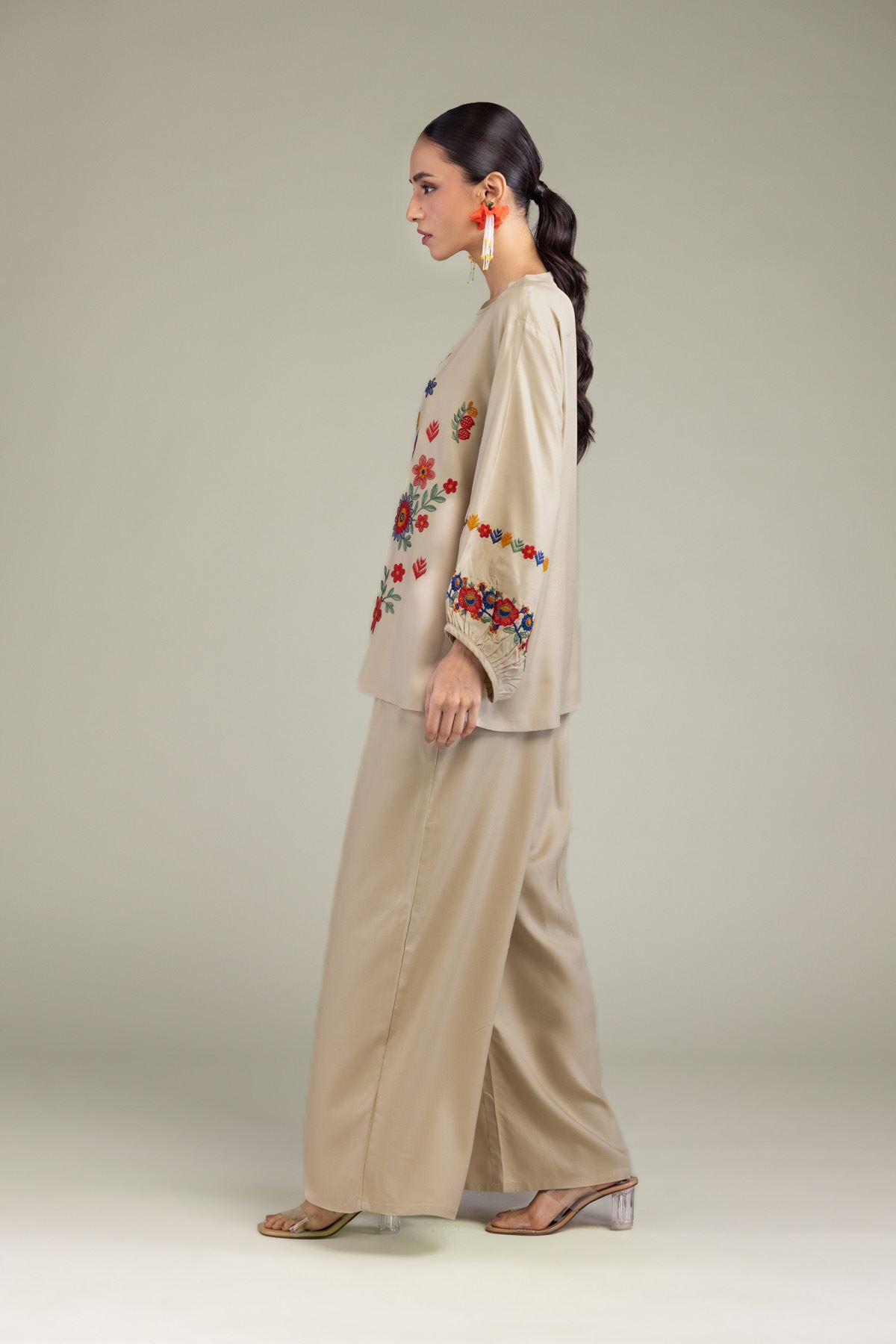Embroidered Viscose Crepe Solid Viscose Trousers - 6-26-202-A-E1-VG