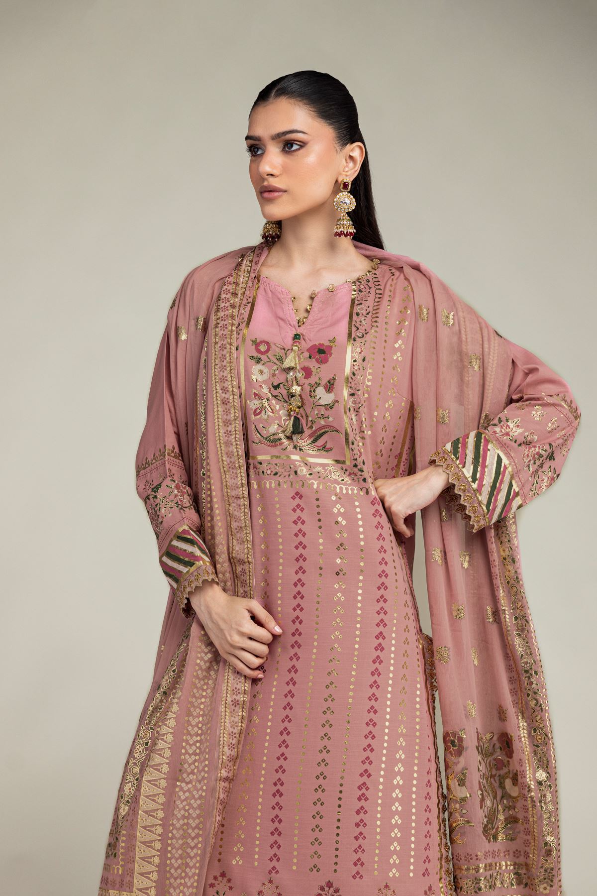 Embroidered Raw Silk 3-Piece Co-ords Set - 8-26-206-A-B1-VG