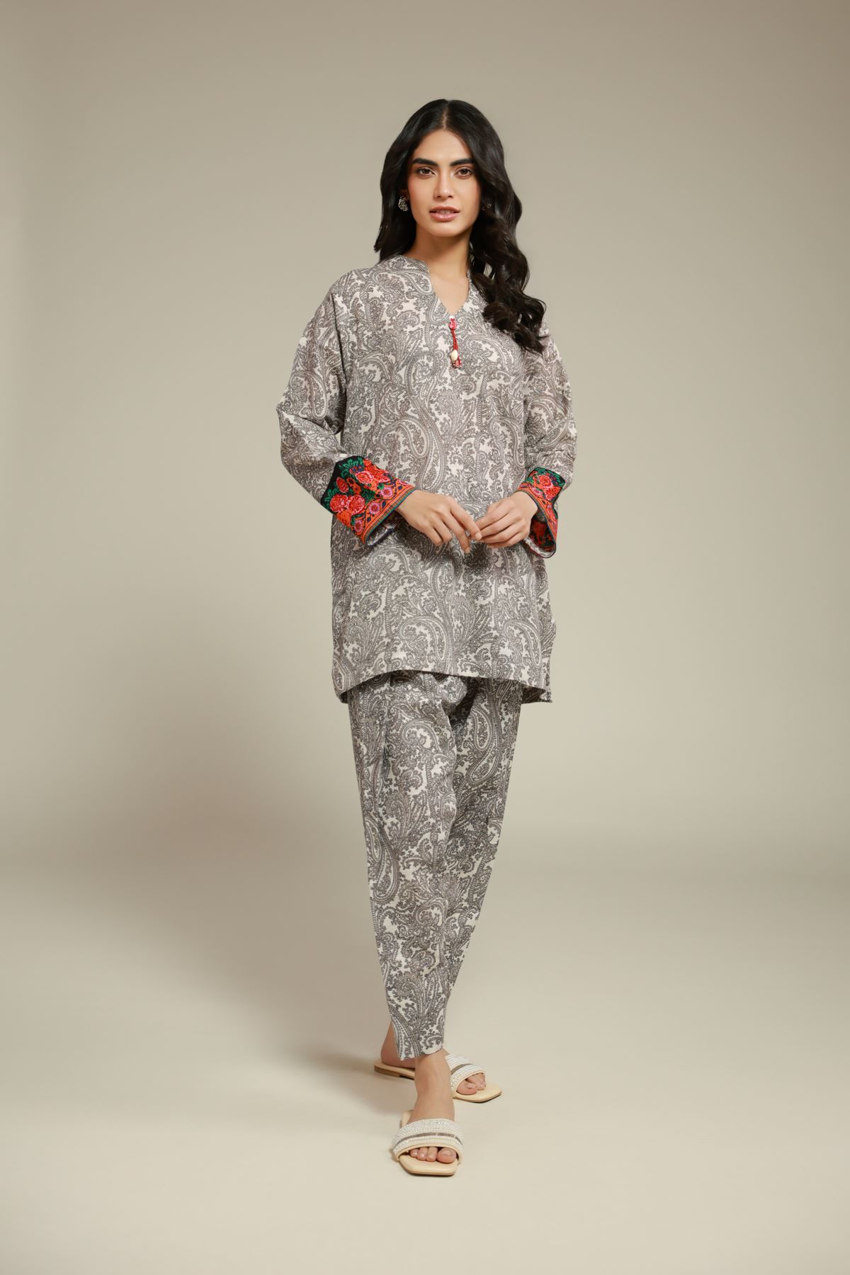 Printed Textured Cotton Short Paisley Kurta - 1-26-143-A-F-VG