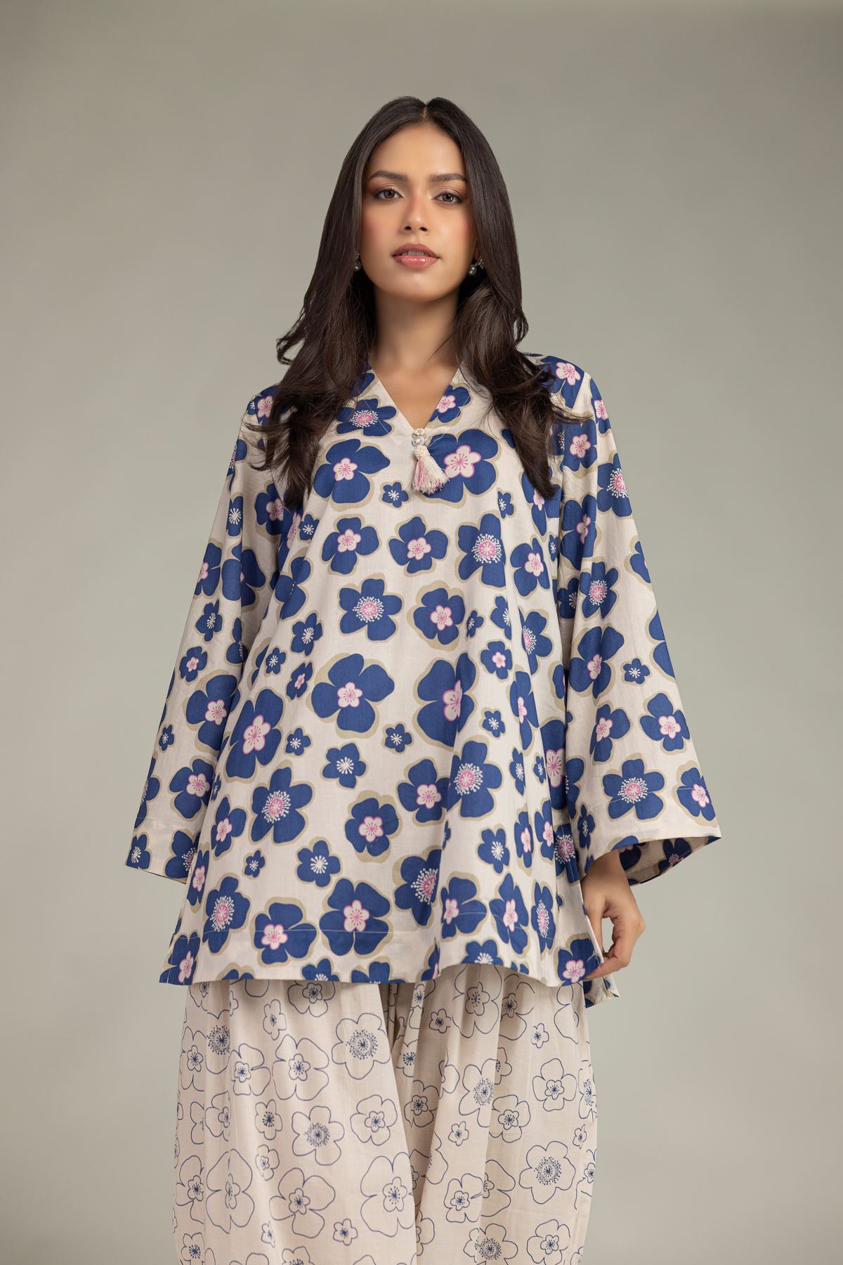 Printed Cambric Floral V-Neck Kurta - 5-26-105-F-A-VG