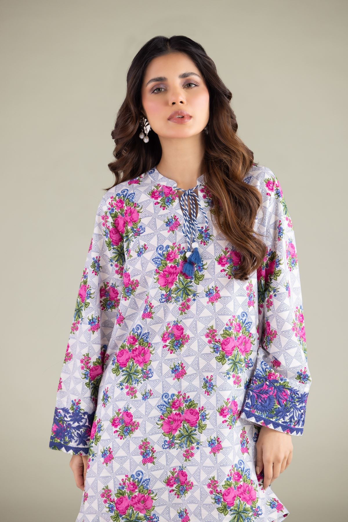 Embroidered Textured Cotton Geometric Tassel Kurta - 1-26-238-A-C1-VG