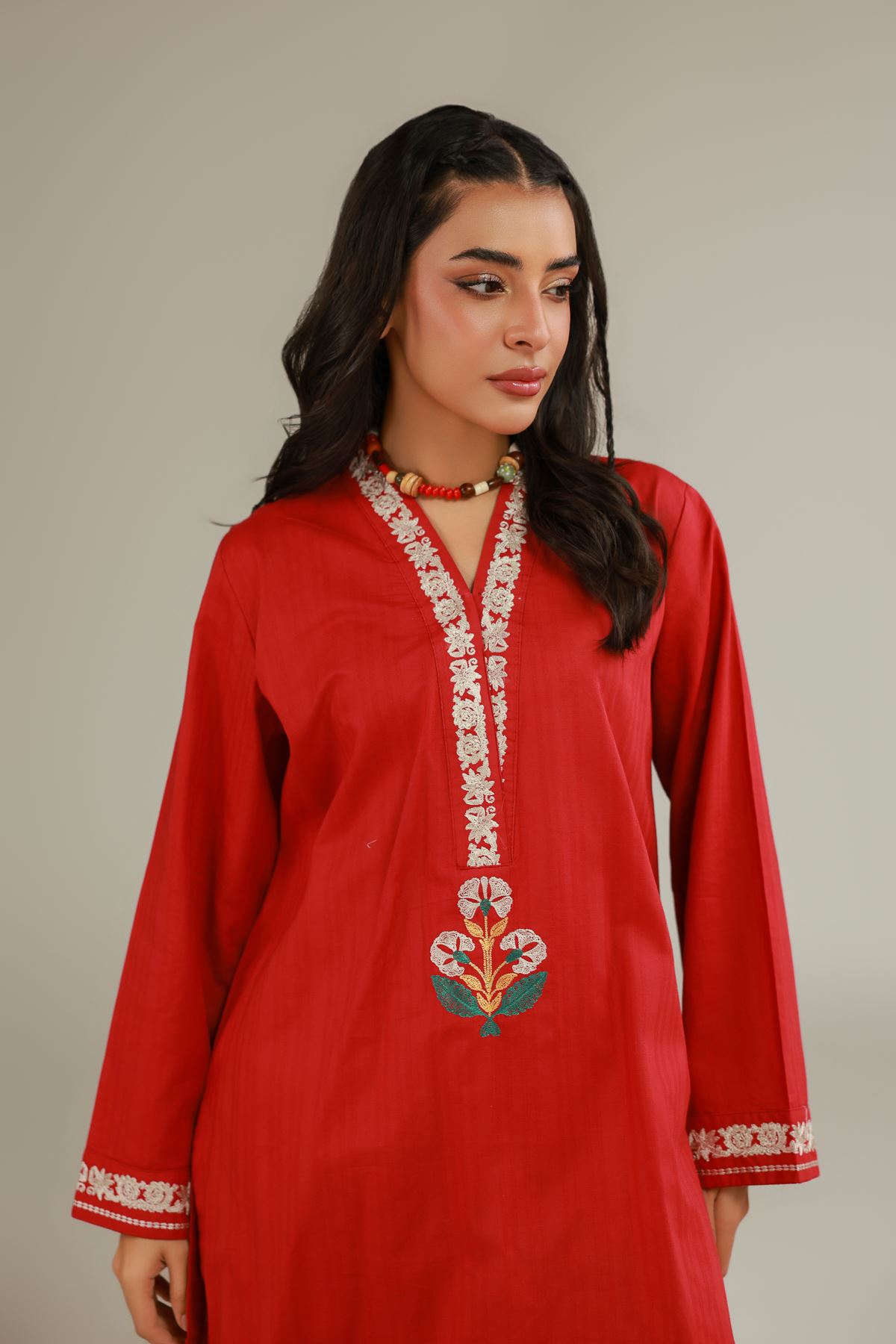 Embroidered Cotton Dobby Red Floral Kurta - 1-26-113-A-B-VG