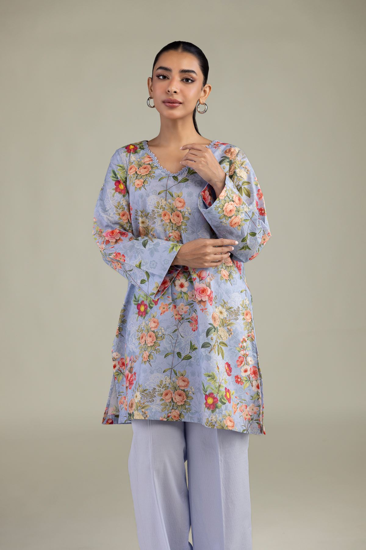 Printed Cotton Dobby Blue Floral Kurta - 1-26-229-B-F1-VG