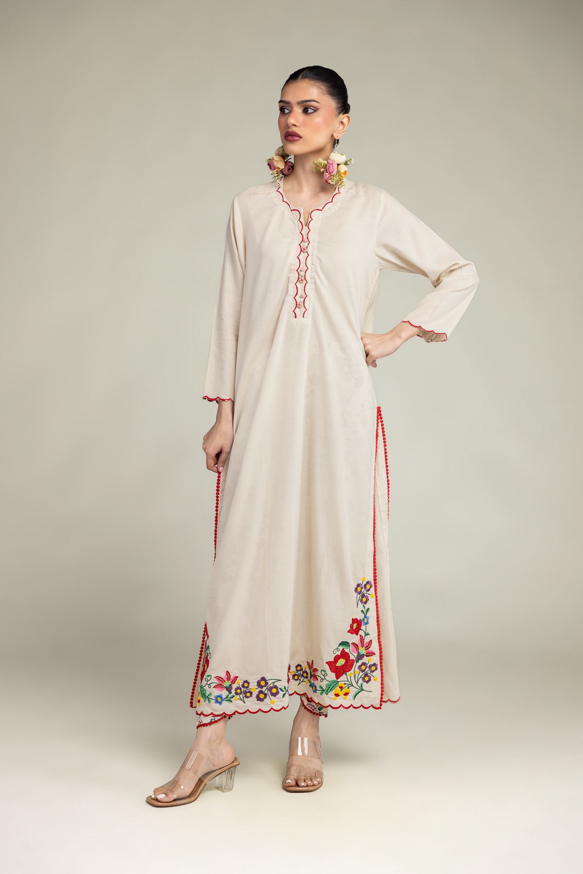 Embroidered Raw Silk Floral Scalloped Kurta - 1-26-203-A-H1-VG