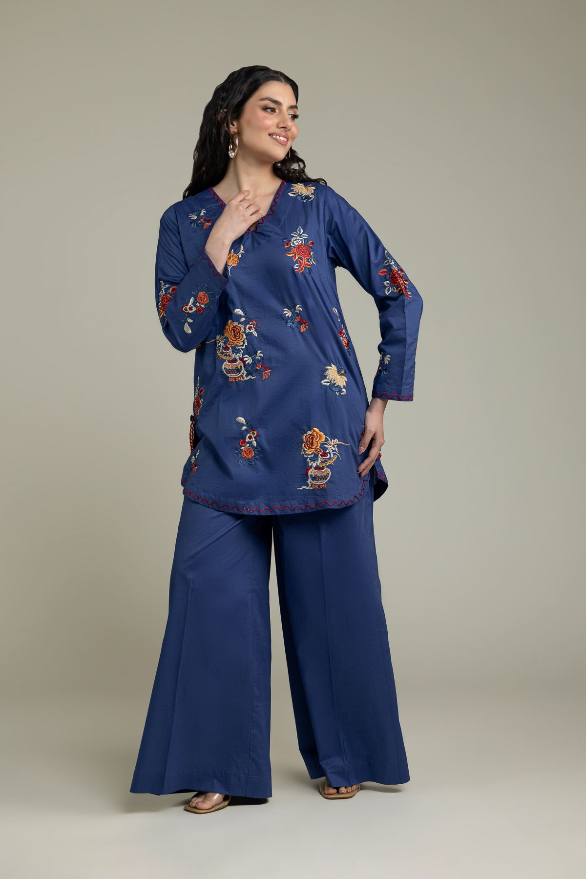 Embroidered Cambric Blue V-Neck Kurta - 2-26-212-A-H1-VG