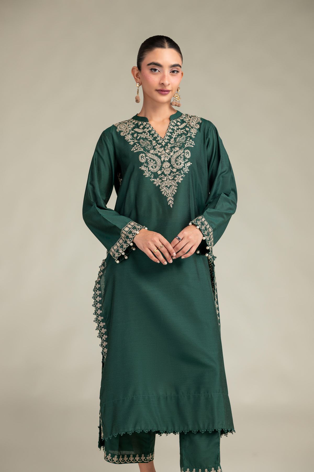Printed Raw Silk Floral Green Kurta - 1-26-322-B-A1-VG