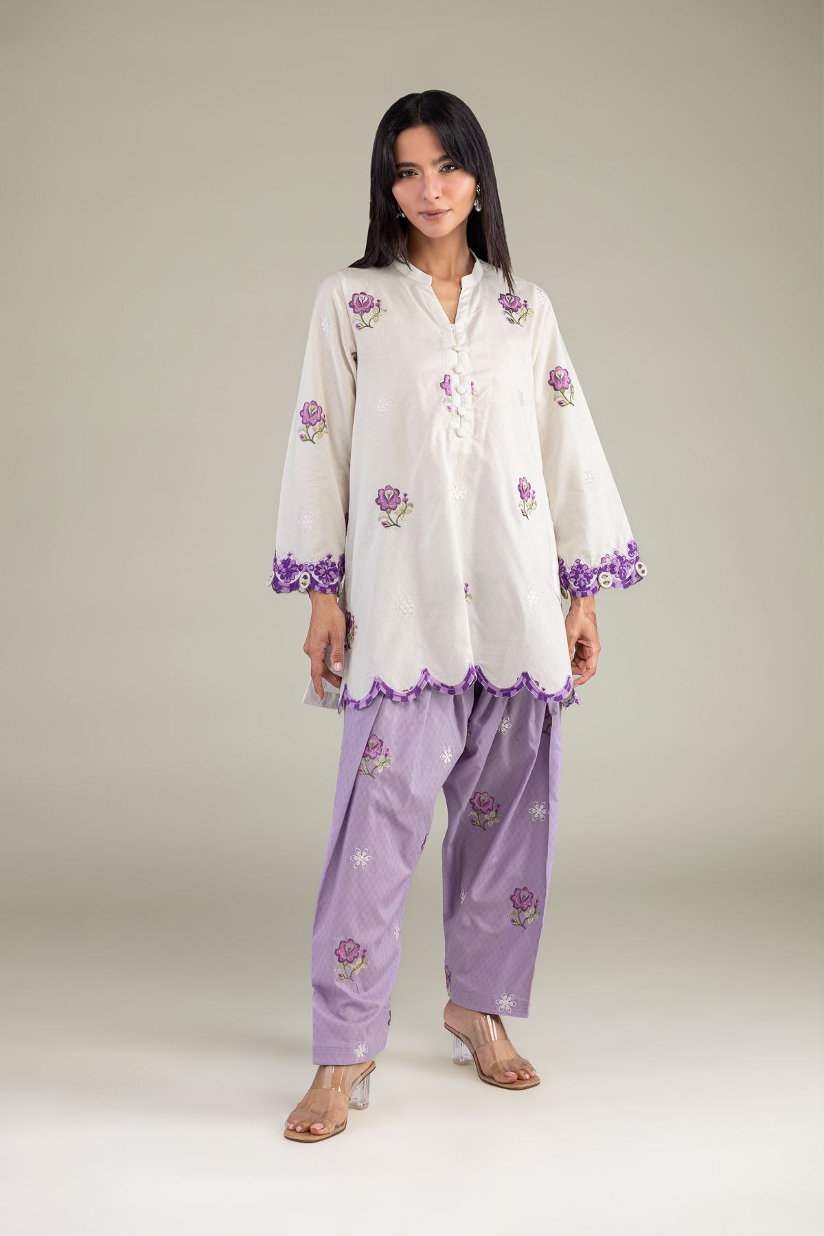 Embroidered Cotton Dobby Floral V-Neck Kurta - 1-26-322-B-A1-VG