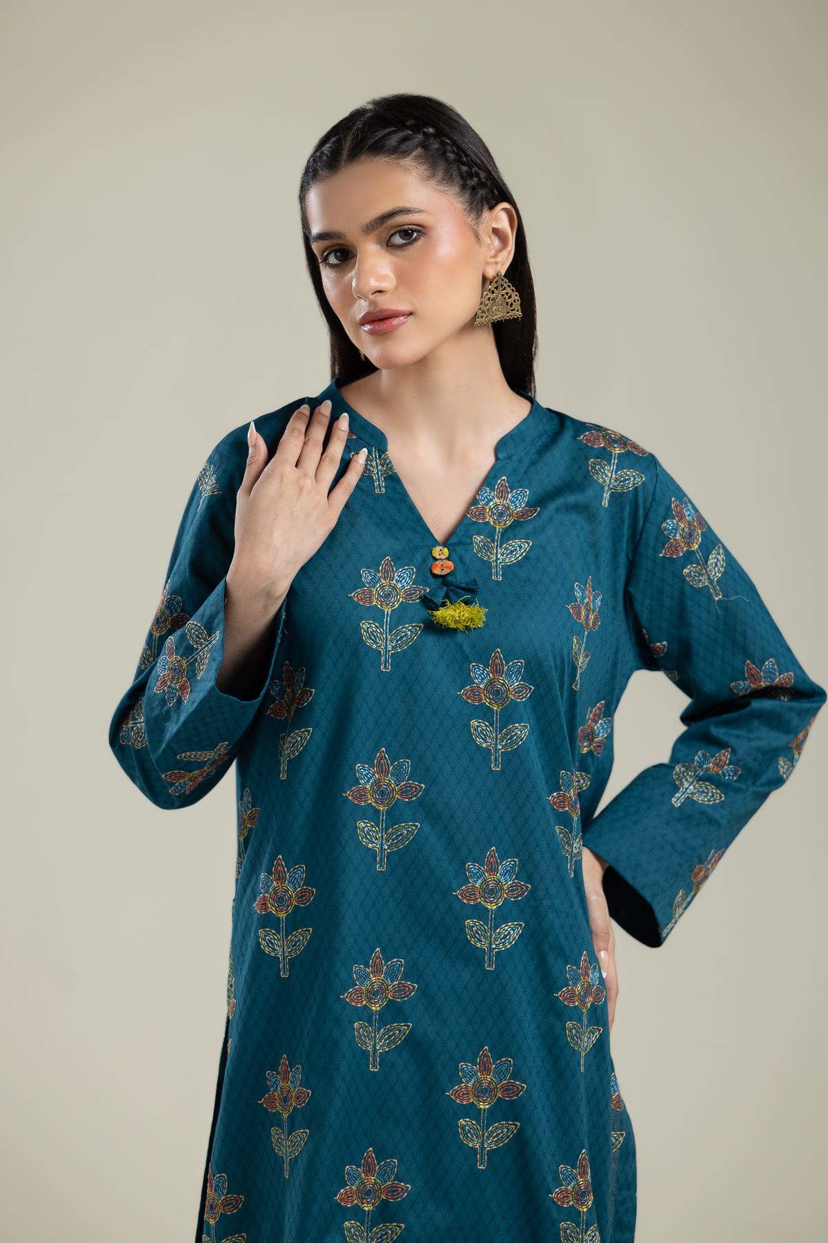 Embroidered Cotton Dobby Floral Teal Kurta - 2-26-109-A-H-VG