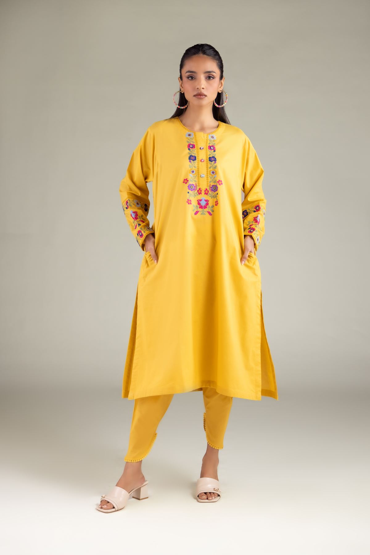 Embroidered Cambric Floral Longline Kurta - 1-26-108-A-F-VG