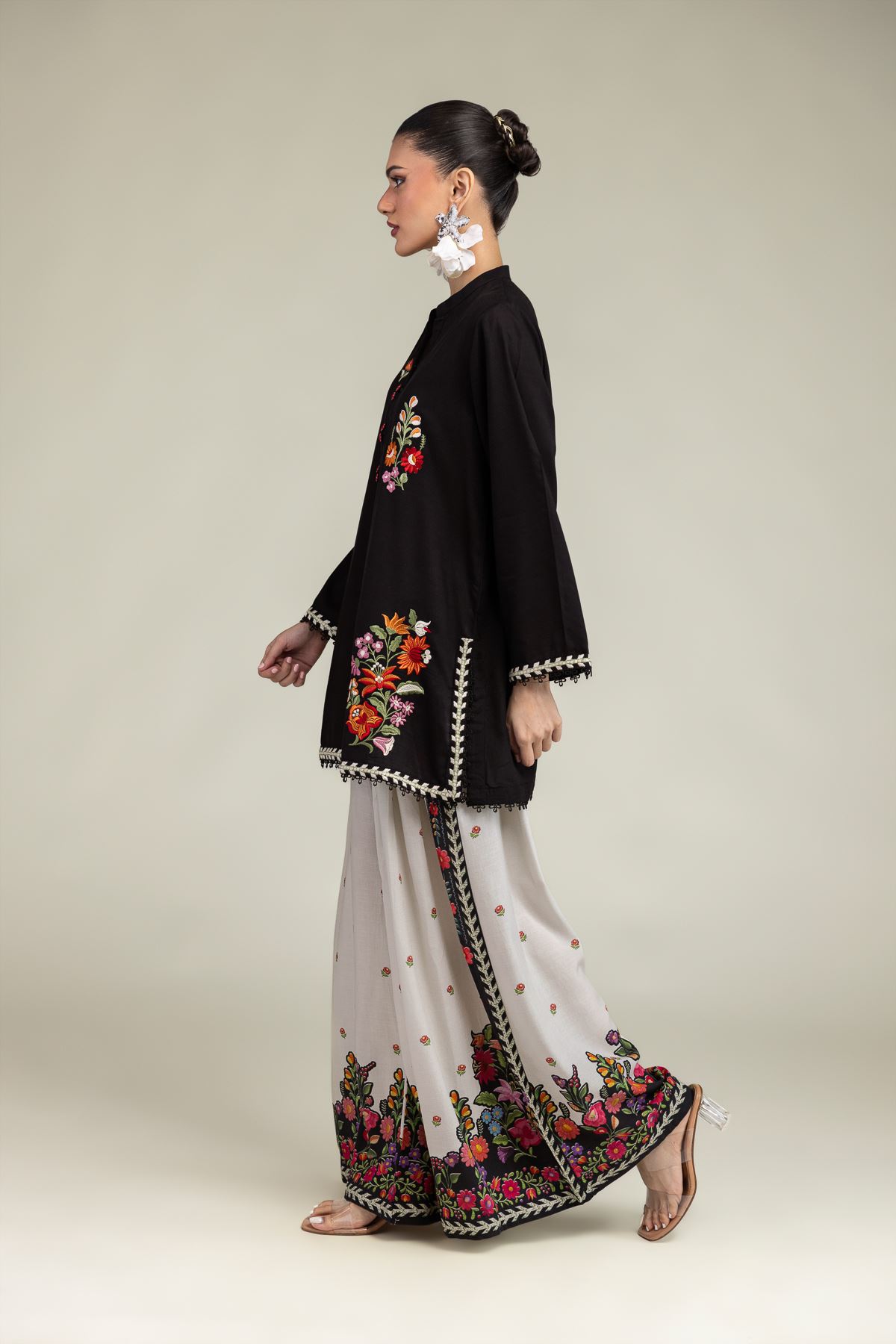 Embroidered Raw Silk Silk Floral Pants - 1-26-203-A-B1-VG