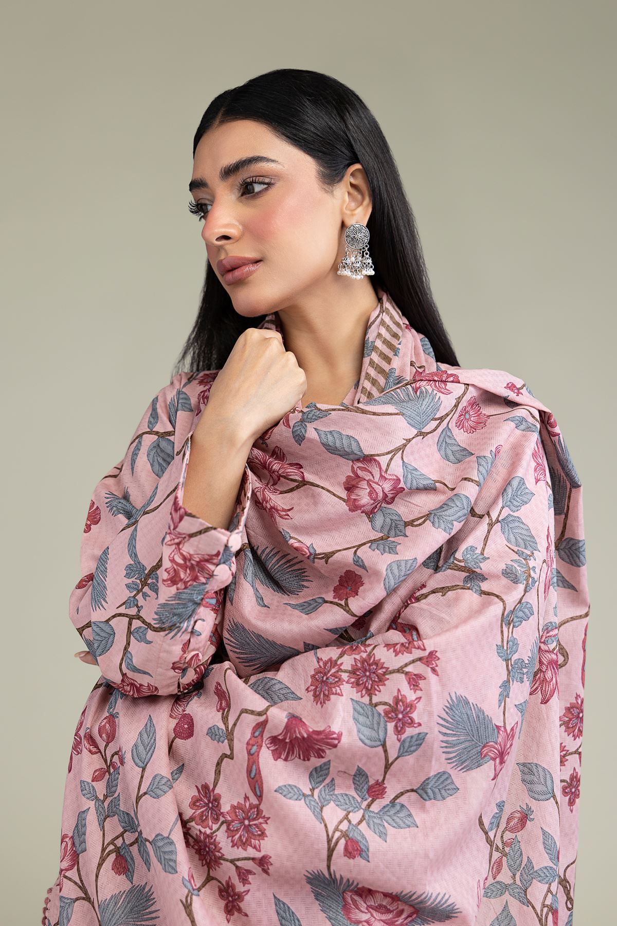Printed Lawn Floral Pink Dupatta - 25-10-11E8-08TA-VG
