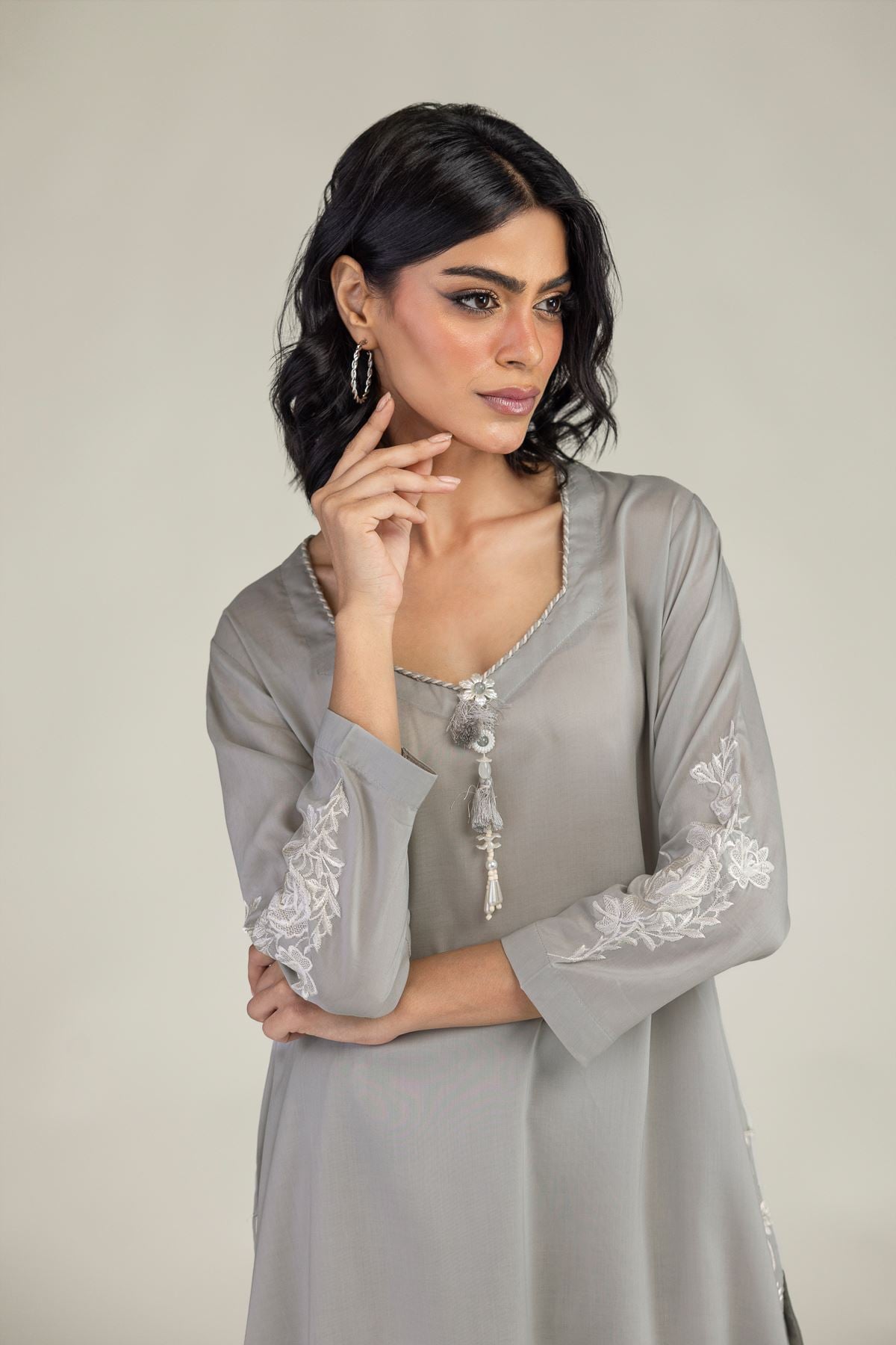 Embroidered Lyocell Gray Longline Kurta - 8-26-208-A-E1-VG