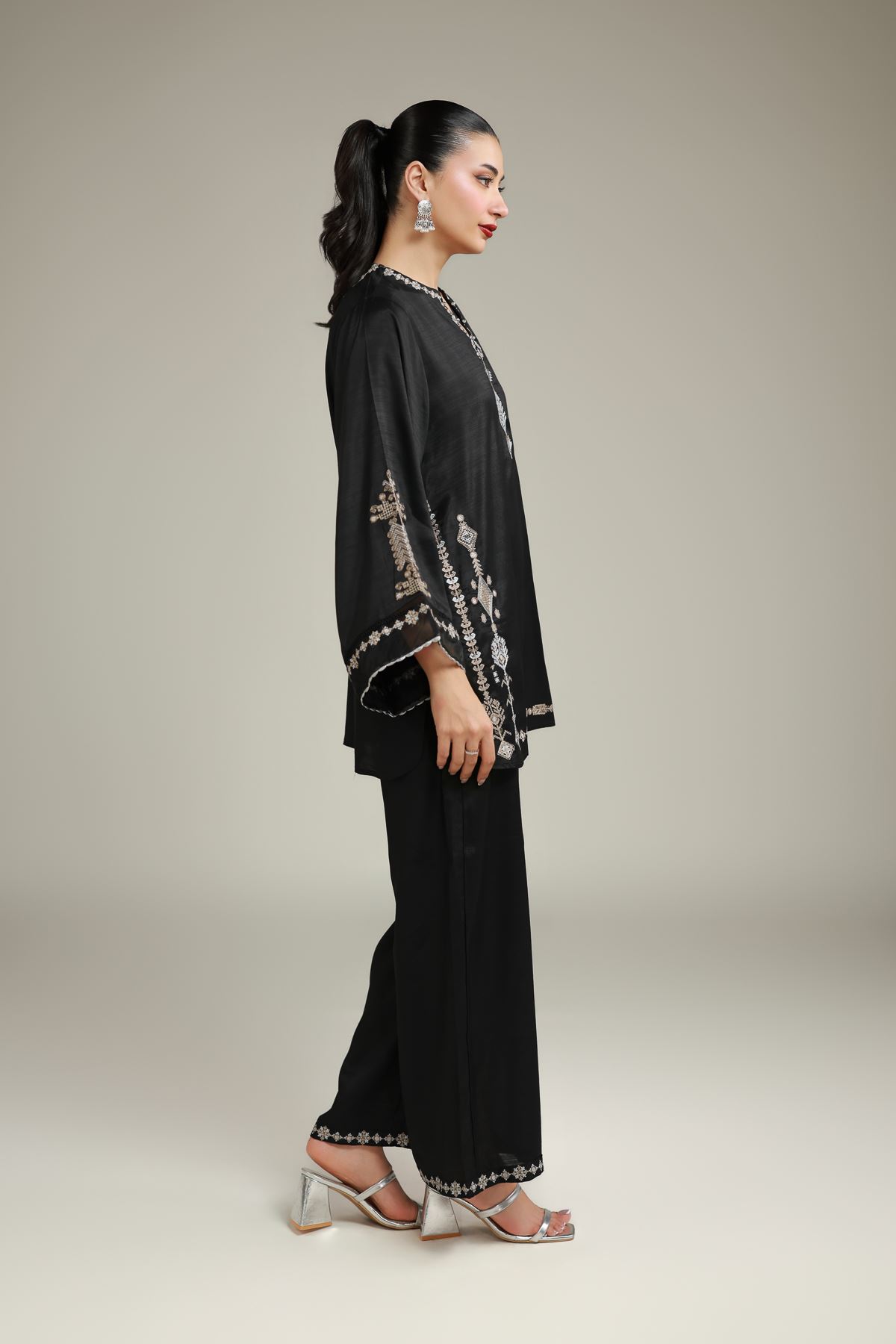 Embroidered Raw Silk Black Solid Pants - 2-26-106-A-E-VG