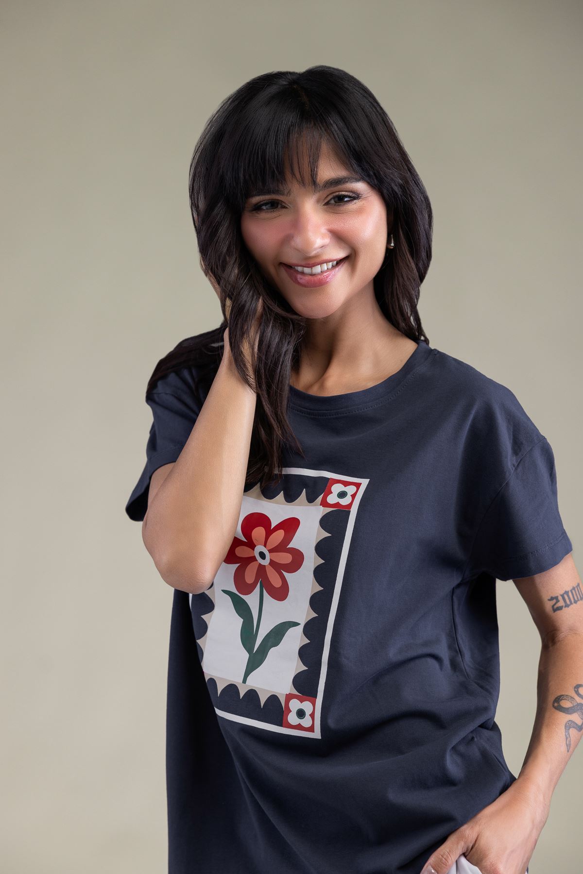 Embroidered Lycra Jersey Floral T-Shirt - 3-26-204-A-H1-VG