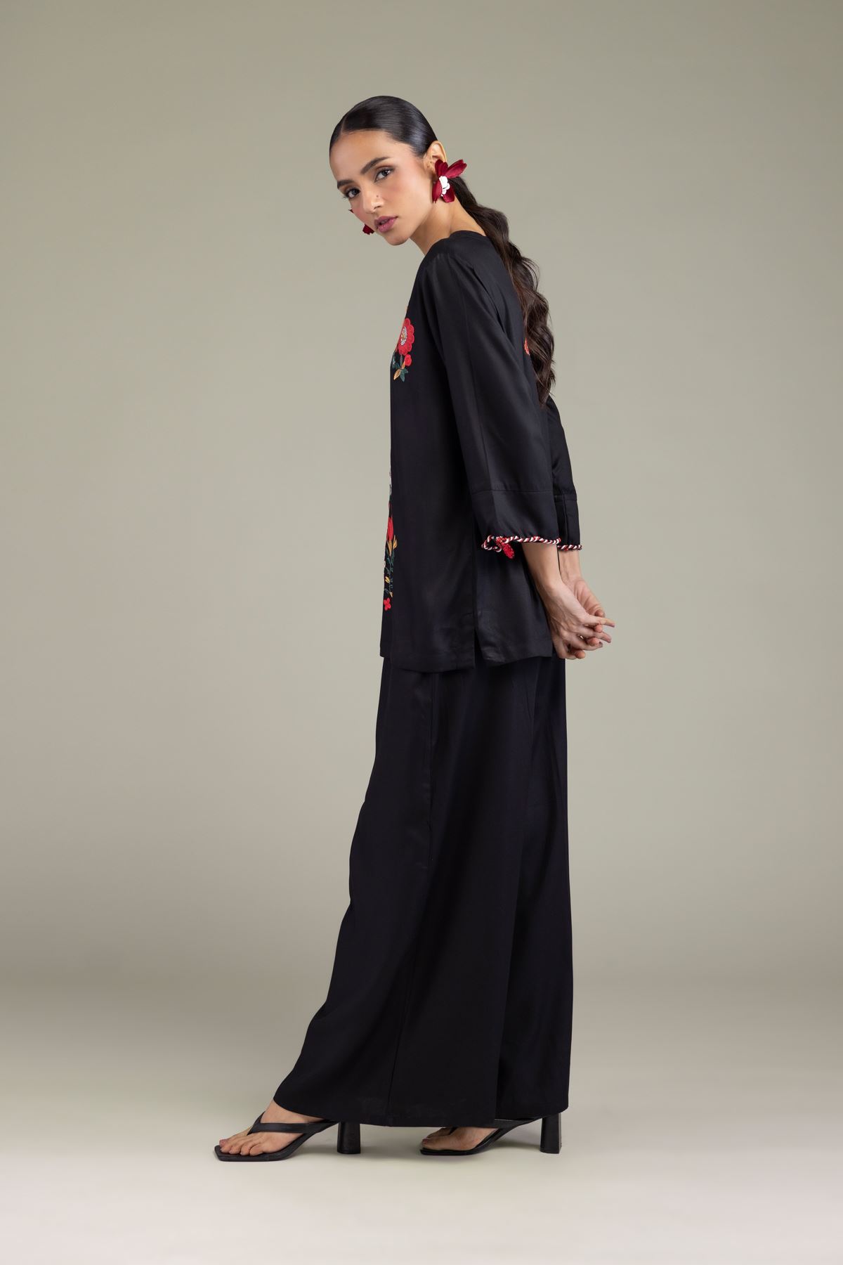 Embroidered Viscose Crepe Black Viscose Trousers - 6-26-202-A-E1-VG