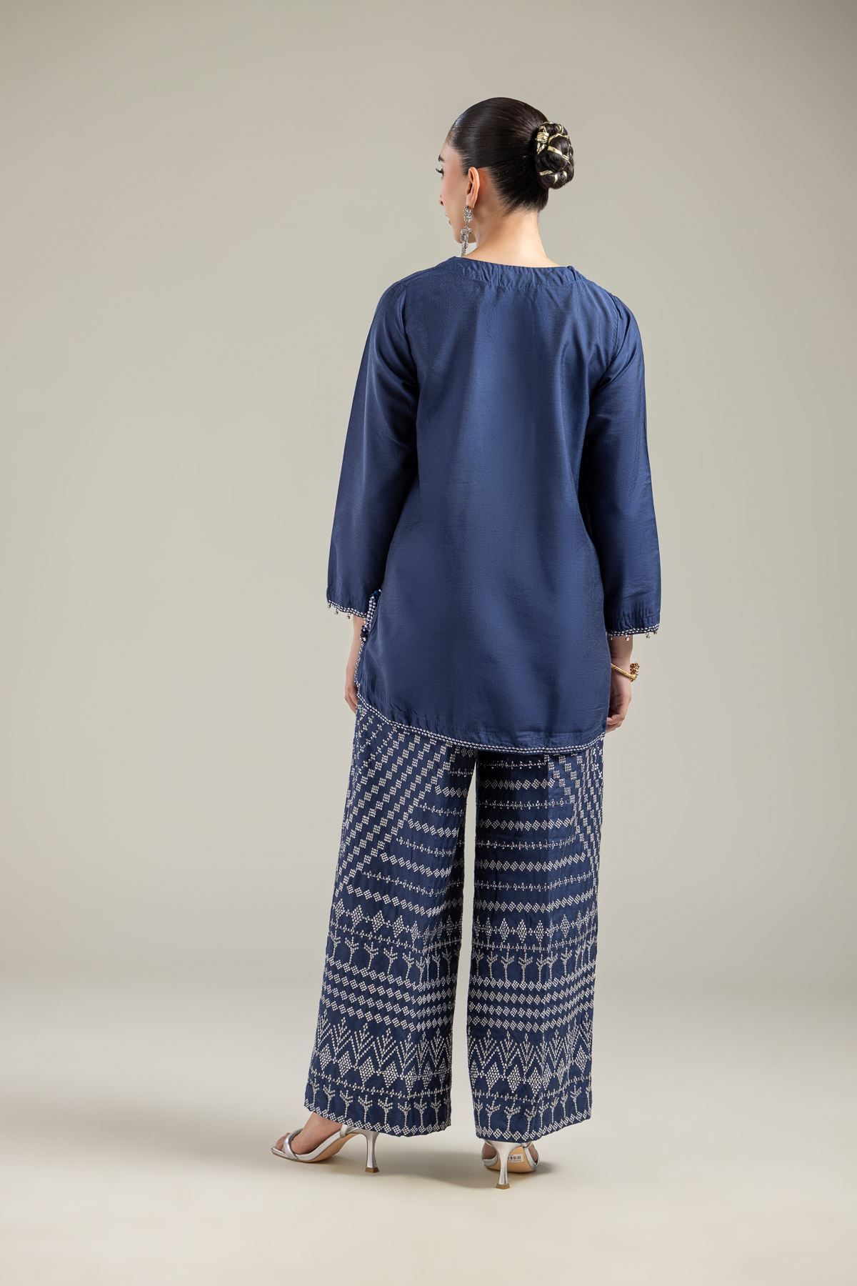 Raw Silk Navy V-Neck Kurta - 6-26-206-A-J2-VG