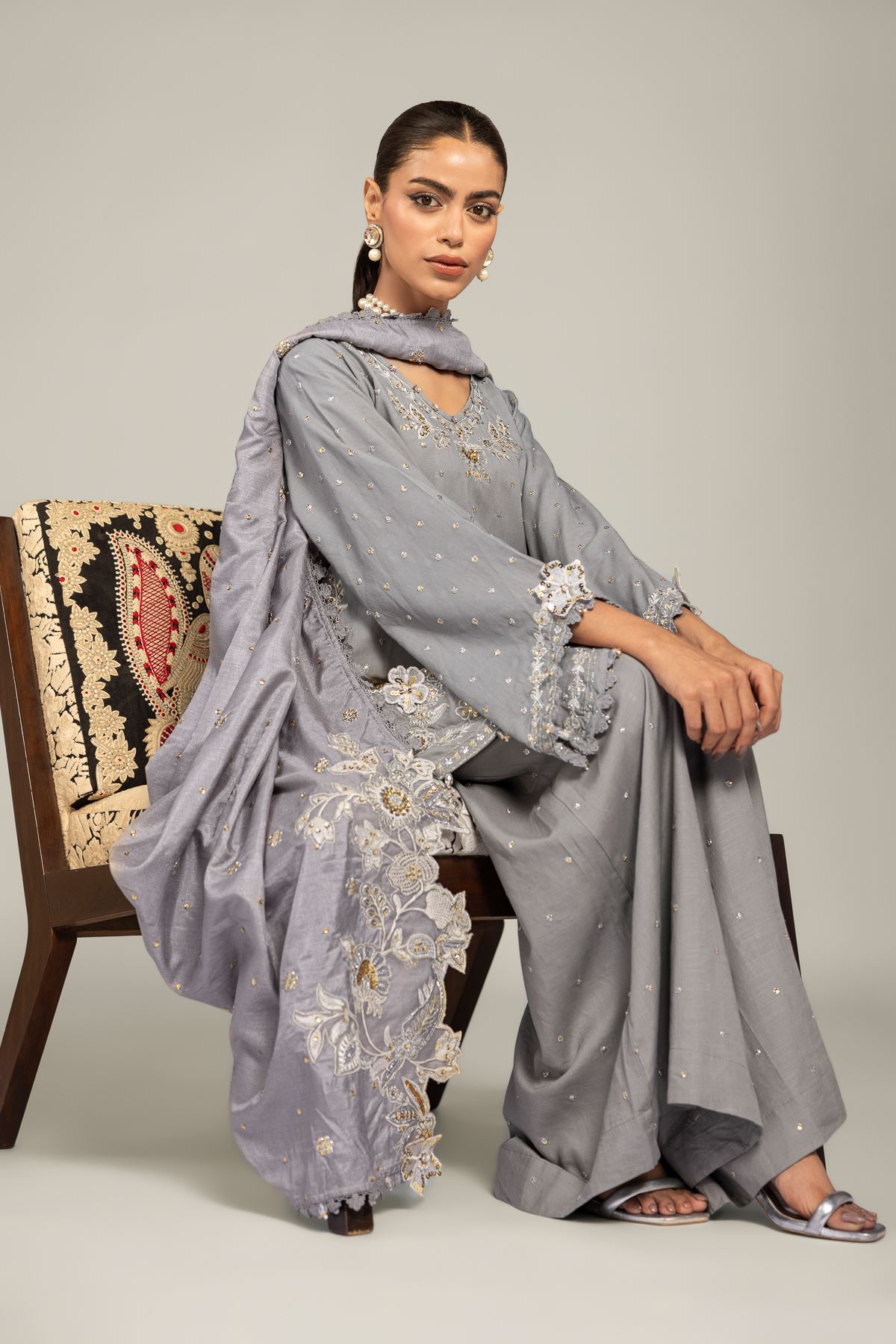 Embroidered Raw Silk 3-Piece Co-ord Set - 8-26-303-A-B1-VG
