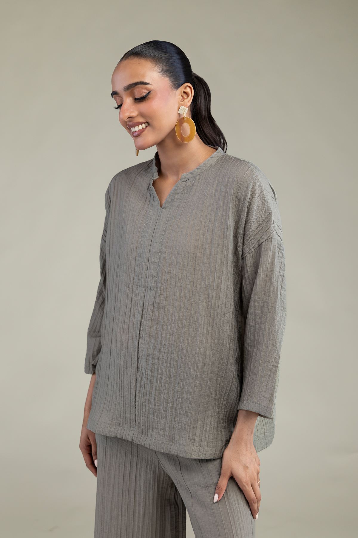 Dyed Blended Crinkle Crinkle V-Neck Blouse - 14-26-304-A-D1-VG