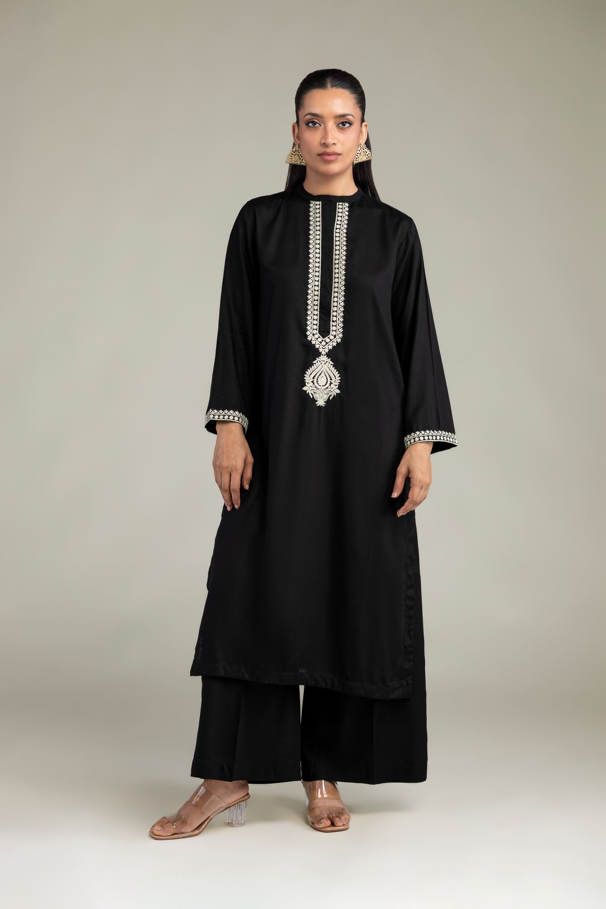 Dyed Raw Silk Black Longline Kurta - 8-26-303-A-C1-VG
