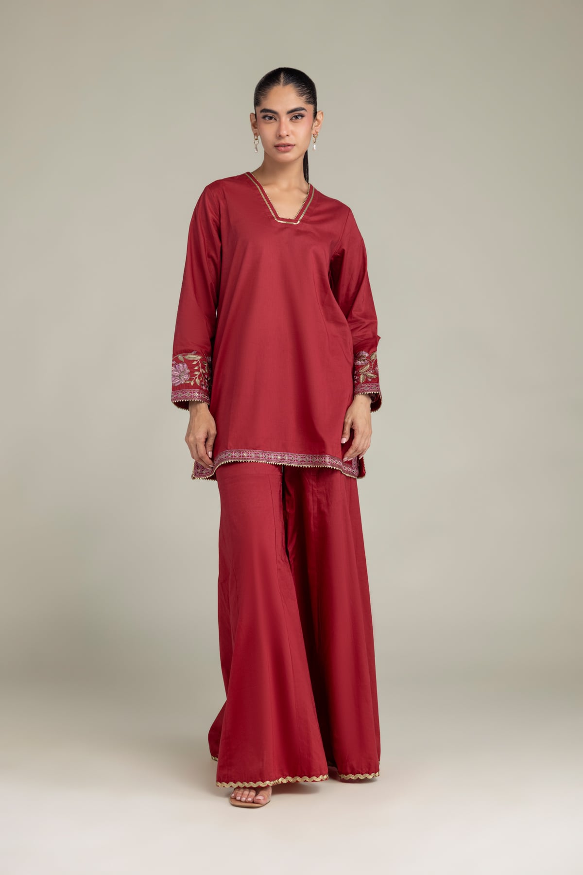 Embroidered Cambric Red Floral Kurta - 1-26-102-A-F-VG