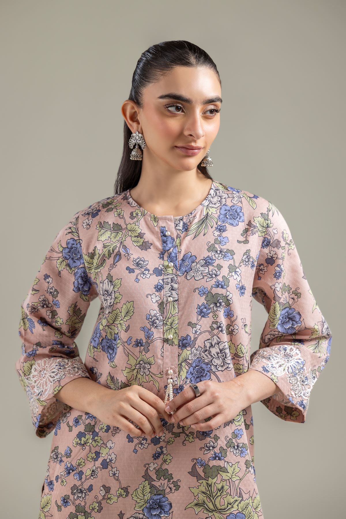 Embroidered Cotton Dobby Floral Peach Kurta - T-A22-26-120FG1-VG