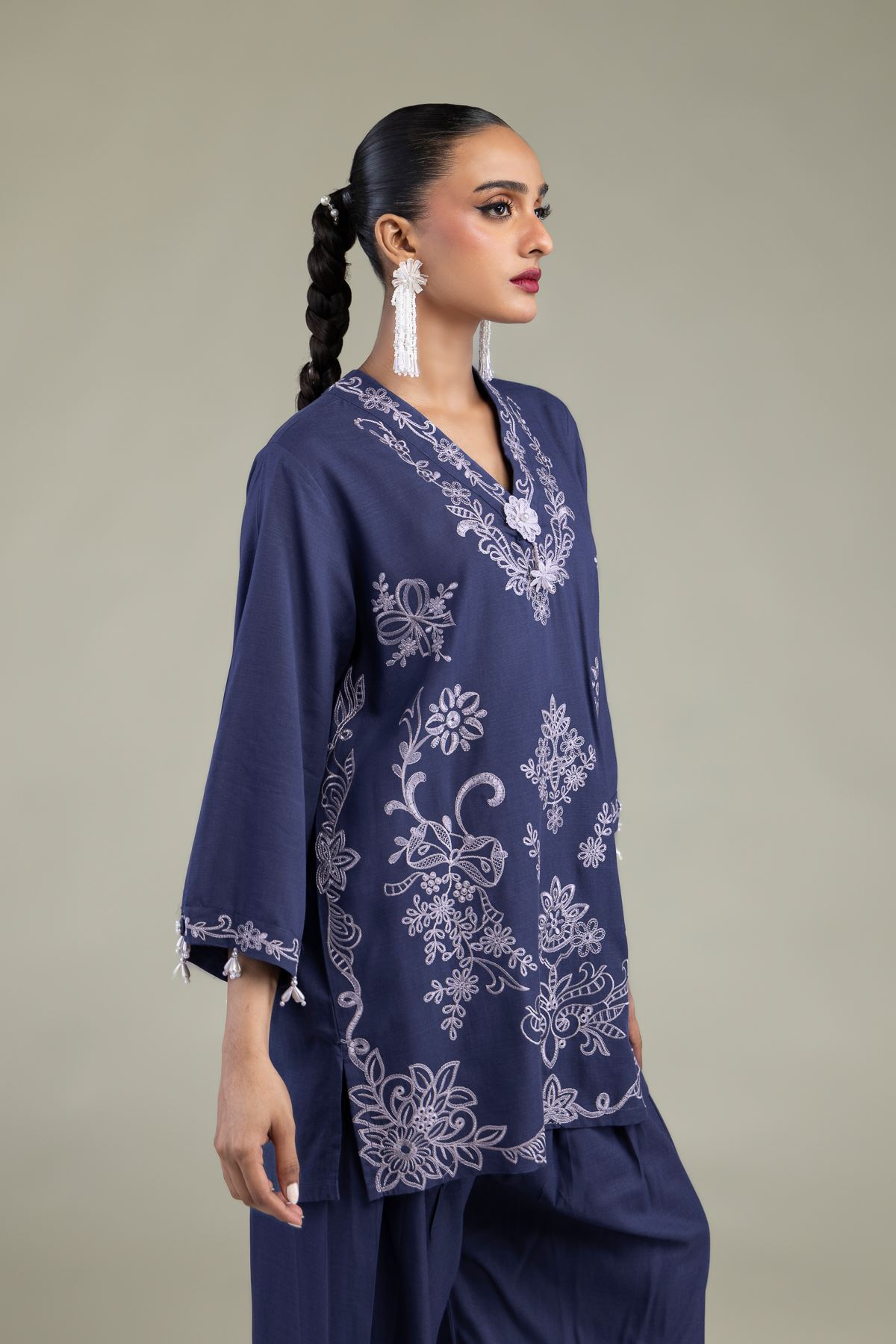 Embroidered Raw Silk Floral V-Neck Kurta - 2-26-302-B-F1-VG