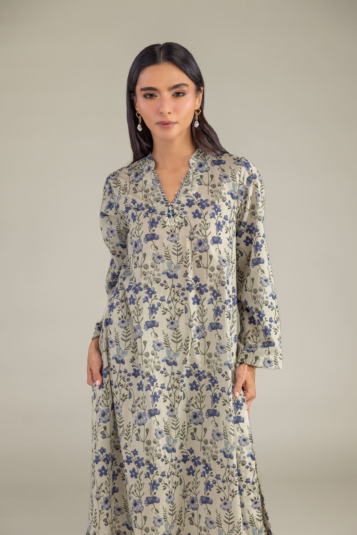 Printed Cambric Floral Longline Kurta - 1-26-102-A-F-VG