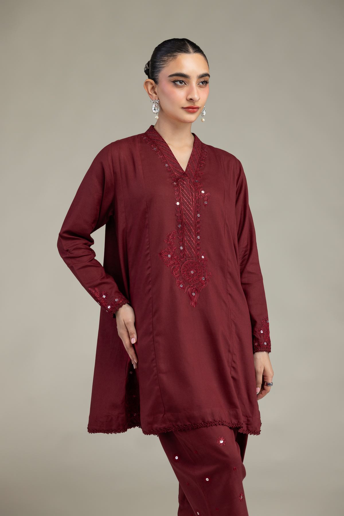 Embroidered Raw Silk Maroon V-Neck Kurta - 1-26-225-A-C1-VG