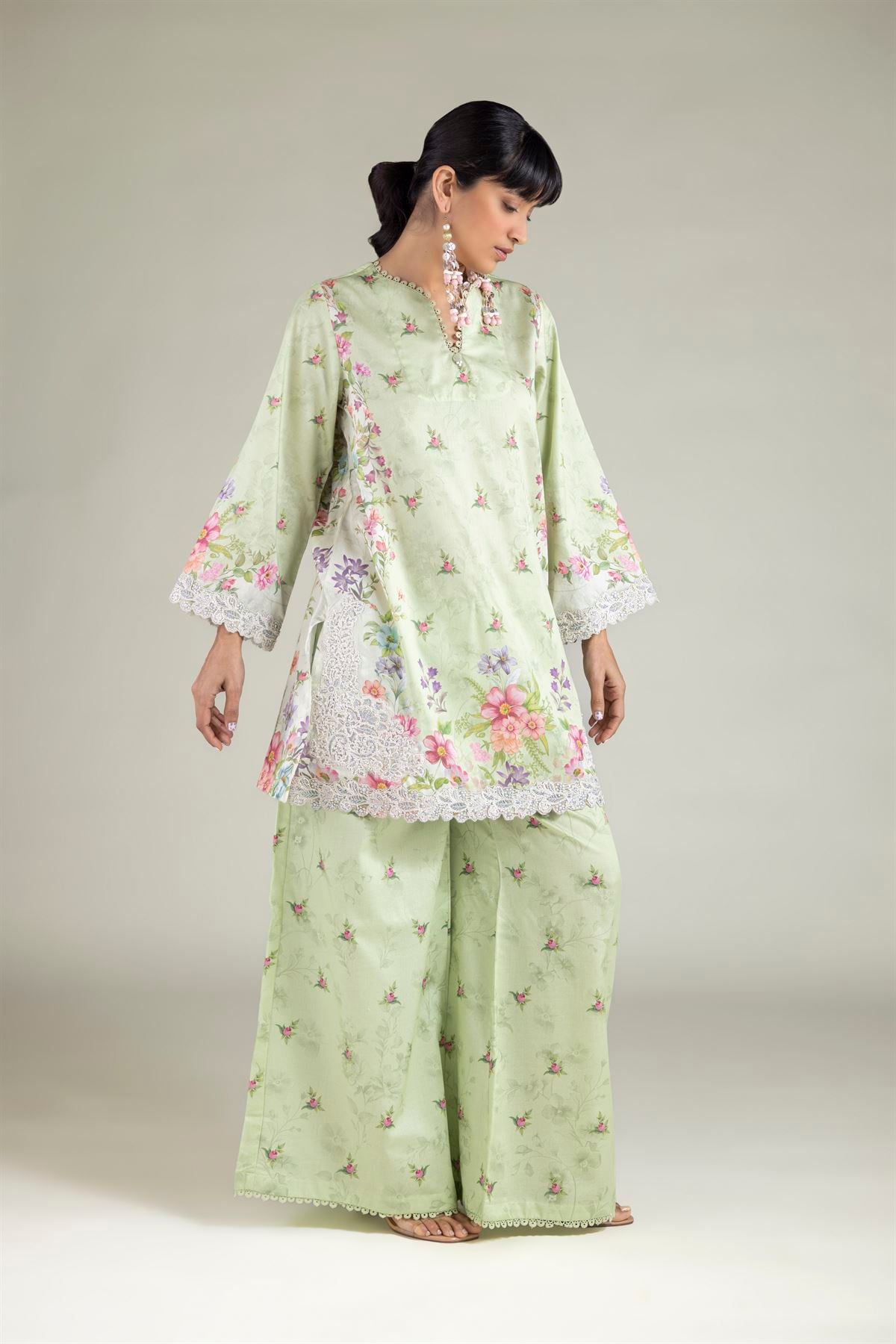 Embroidered Satin Tailored 2 Piece | Top and Bottom - T-A112-26-101EE2-VG