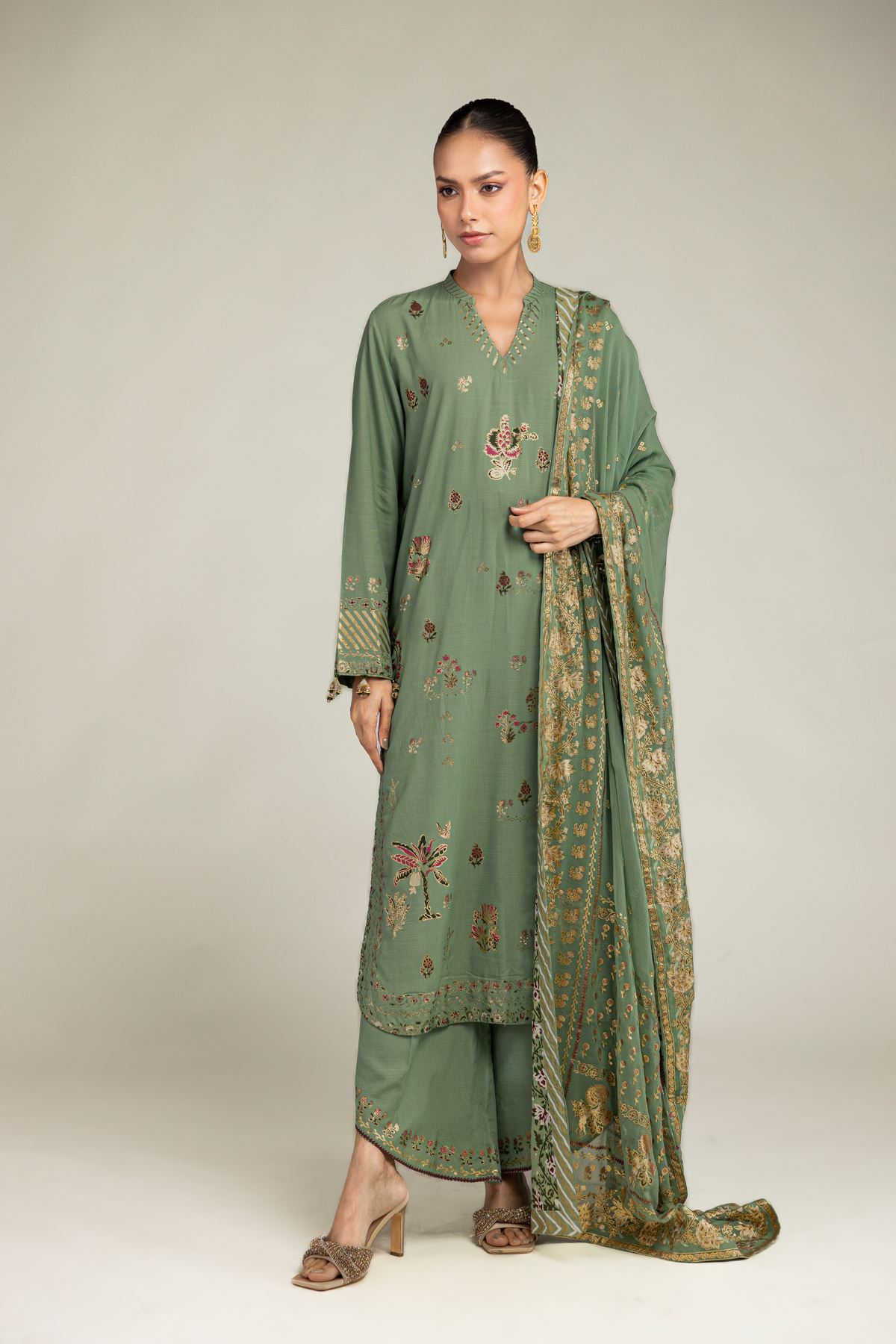 Embroidered Raw Silk 3-Piece Co-ords Set - 8-26-304-A-B1-VG