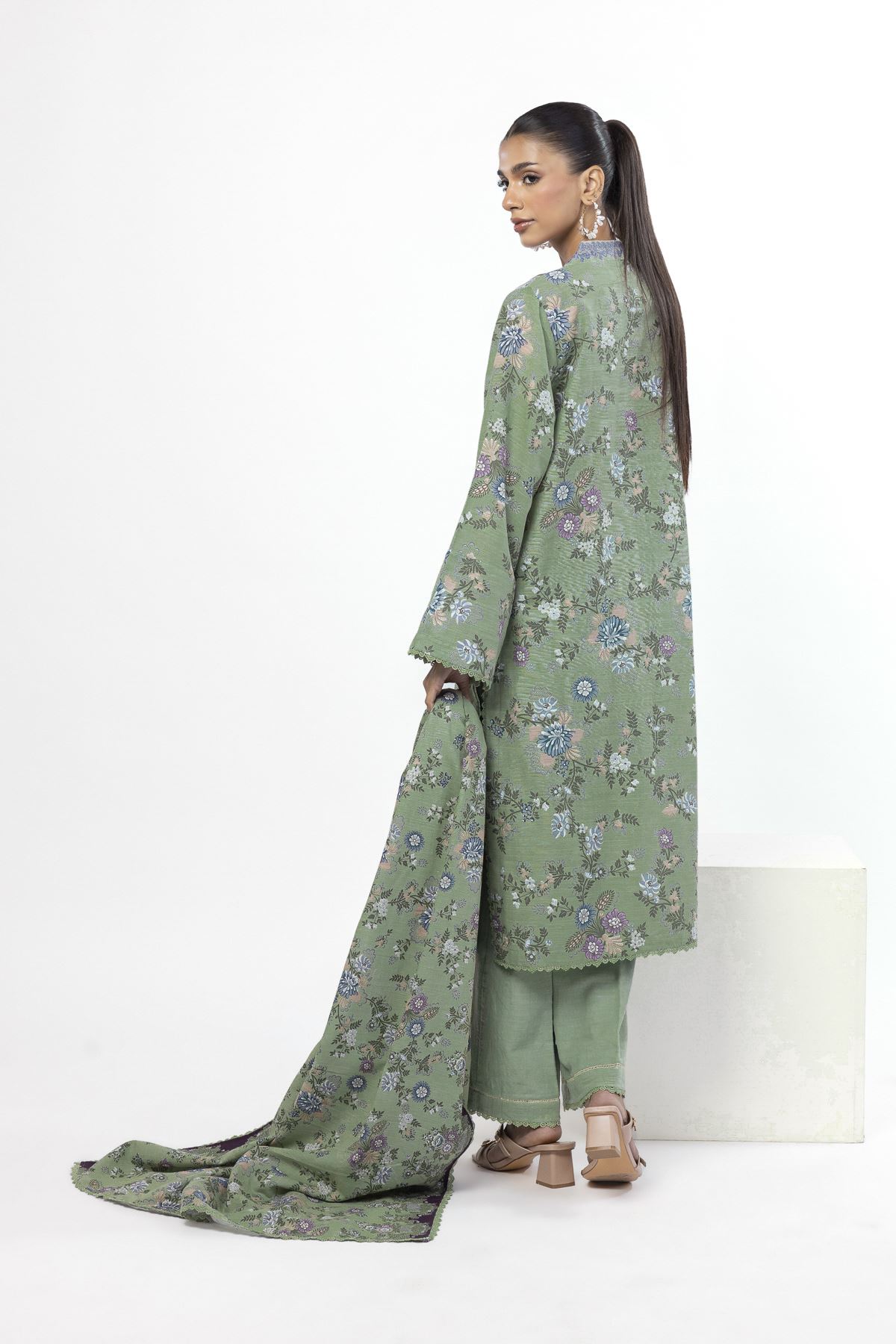 Embroidered Slub Cotton Tailored 3 Piece - KN31AST-VG