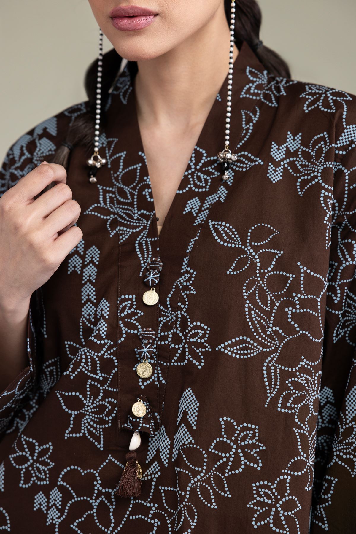Printed Cambric Brown V-Neck Kurta - 1-26-231-A-D1-VG