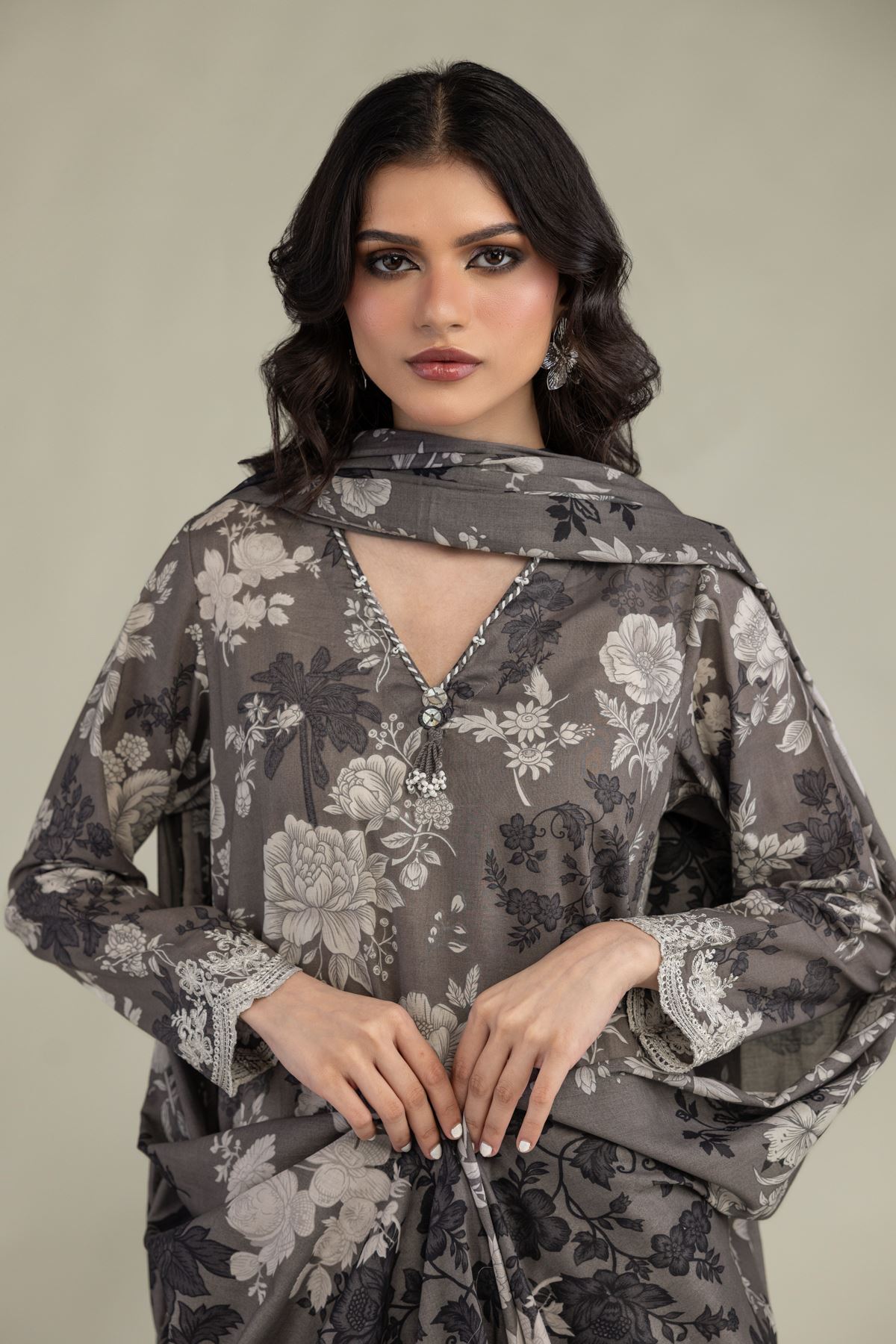 Embroidered Lawn Gray Lawn Dupatta - 1-26-244-C-H2-VG