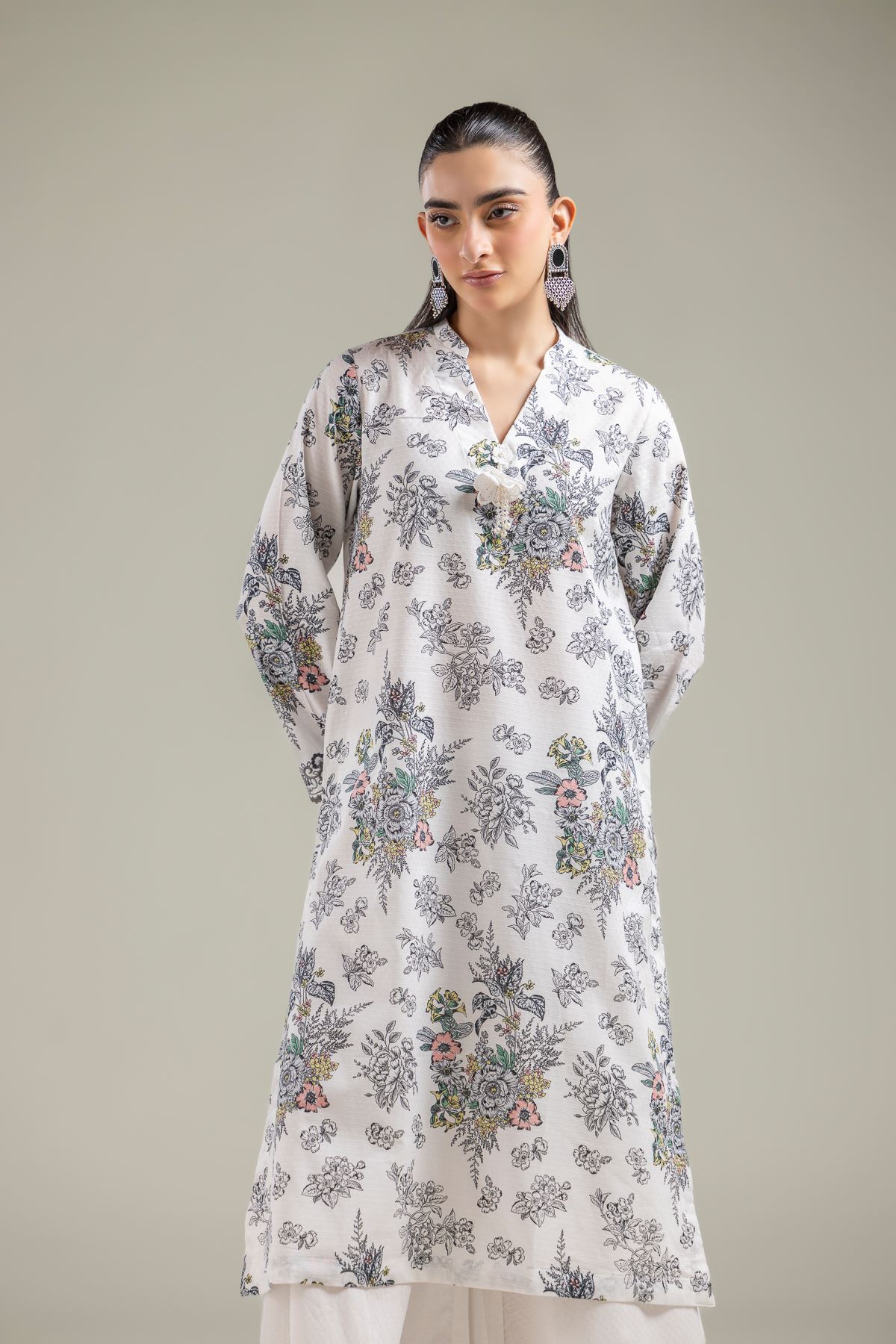 Embroidered Cotton Dobby White V-Neck Kurta - T-A33-26-102FA-VG
