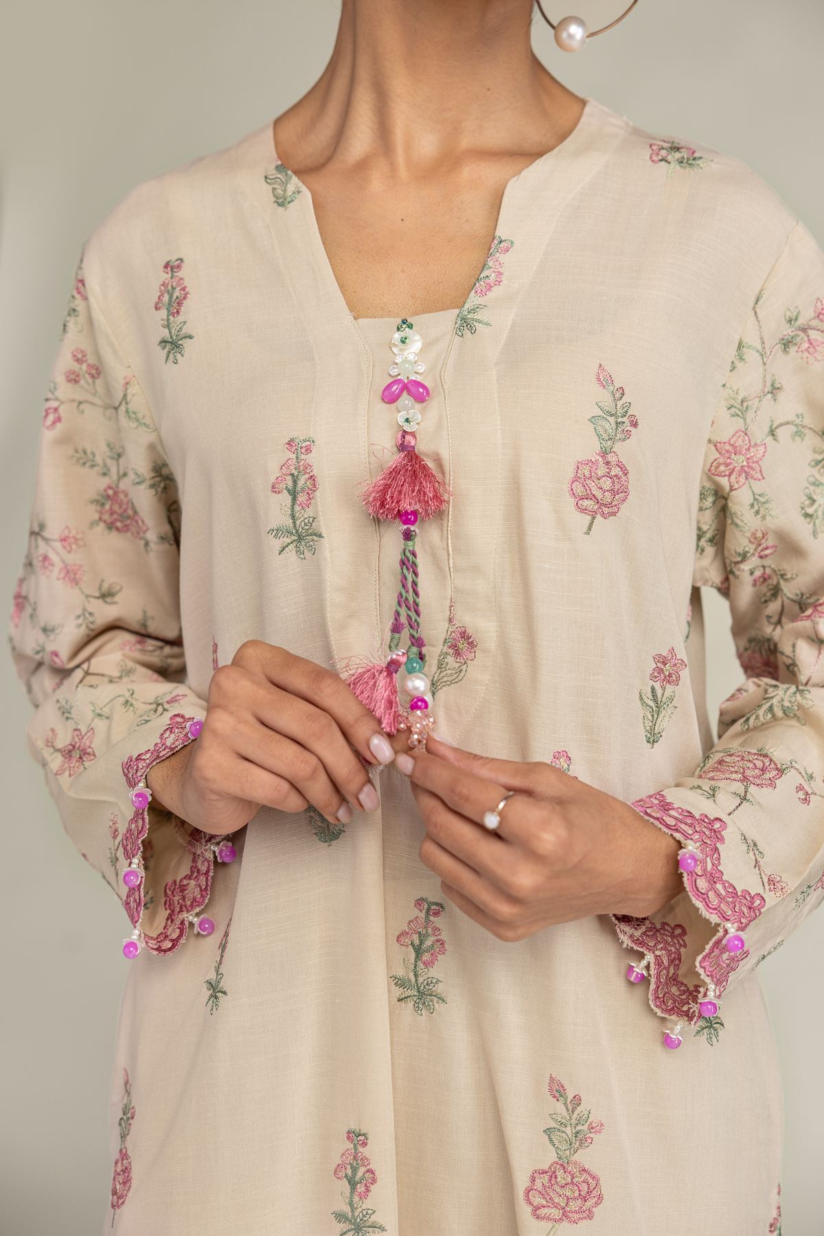Embroidered Raw Silk Floral Beige Kurta - 1-26-322-B-A1-VG