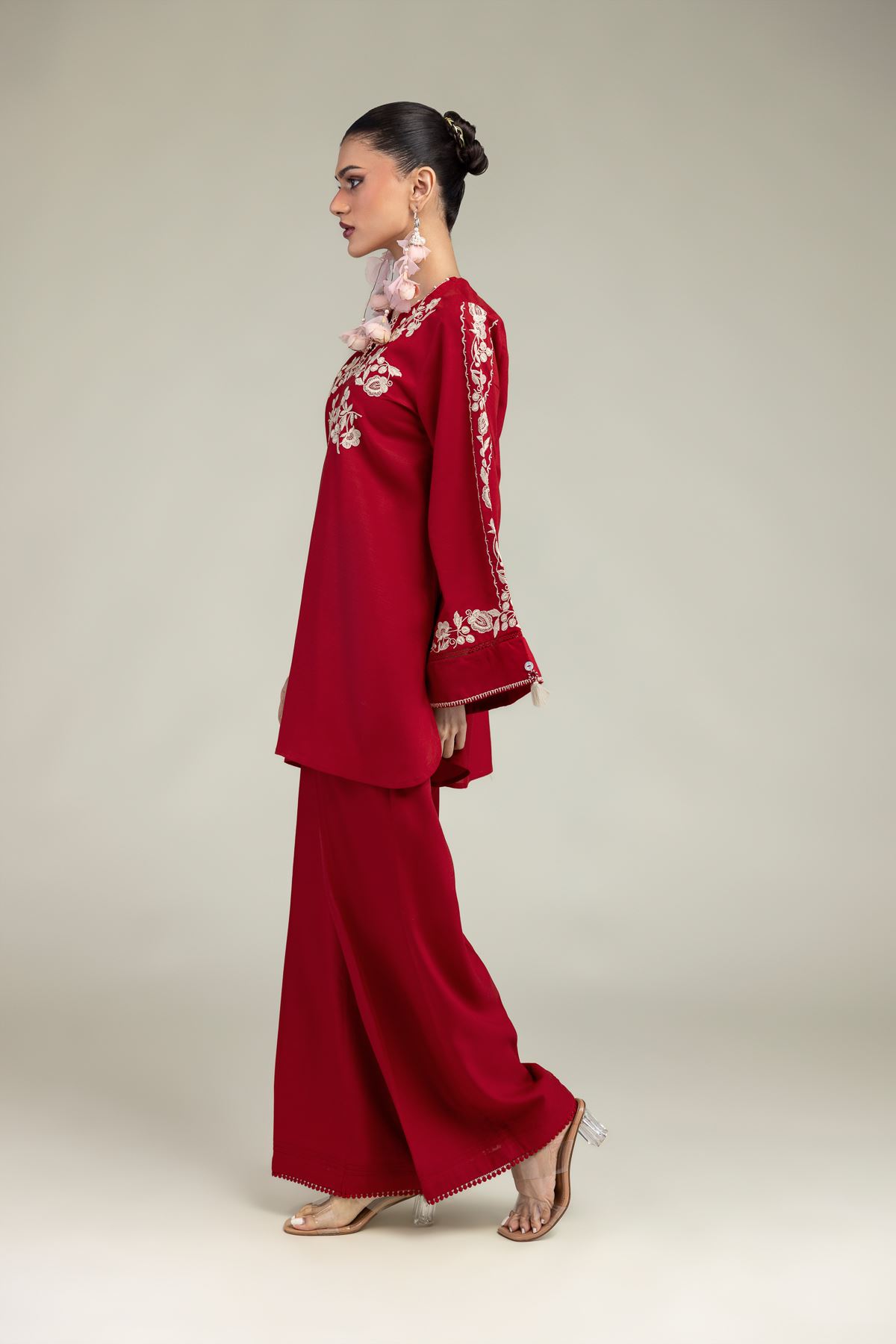Embroidered Raw Silk Red Solid Pants - 1-26-203-A-A1-VG
