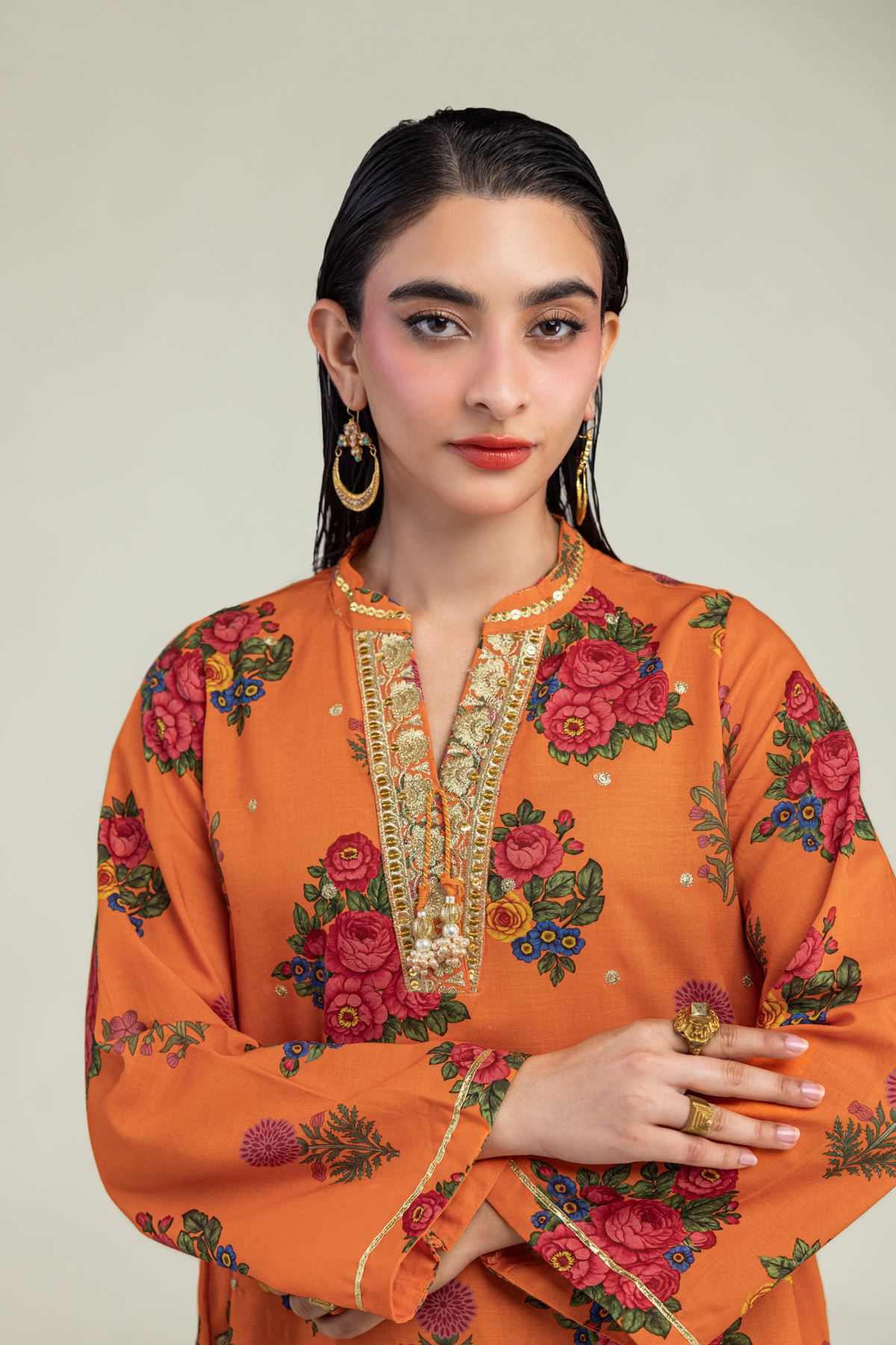 Embroidered Raw Silk Orange Floral Kurta - 1-26-221-A-G1-VG