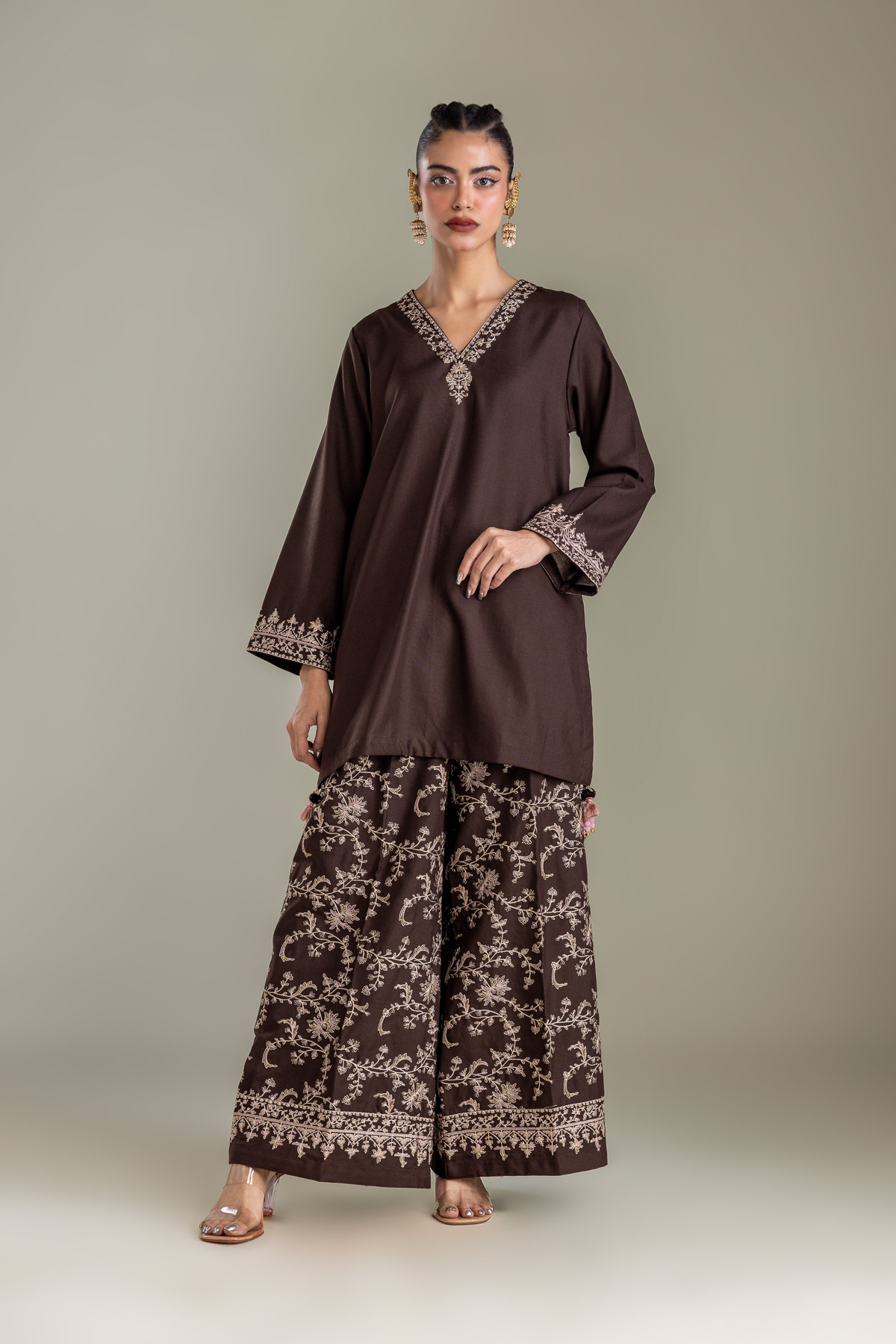 Embroidered Heavy Blended Viscose Brown V-neck Kurta - 1-26-431-A-D1-VG