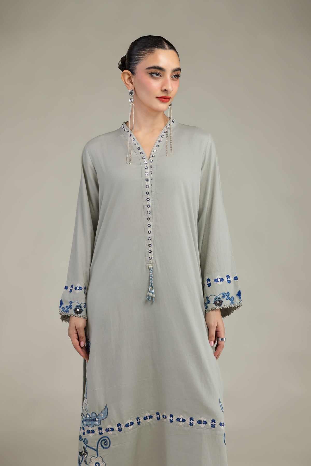 Embroidered Raw Silk Floral V-Neck Kurta - 1-26-203-B-H1-VG