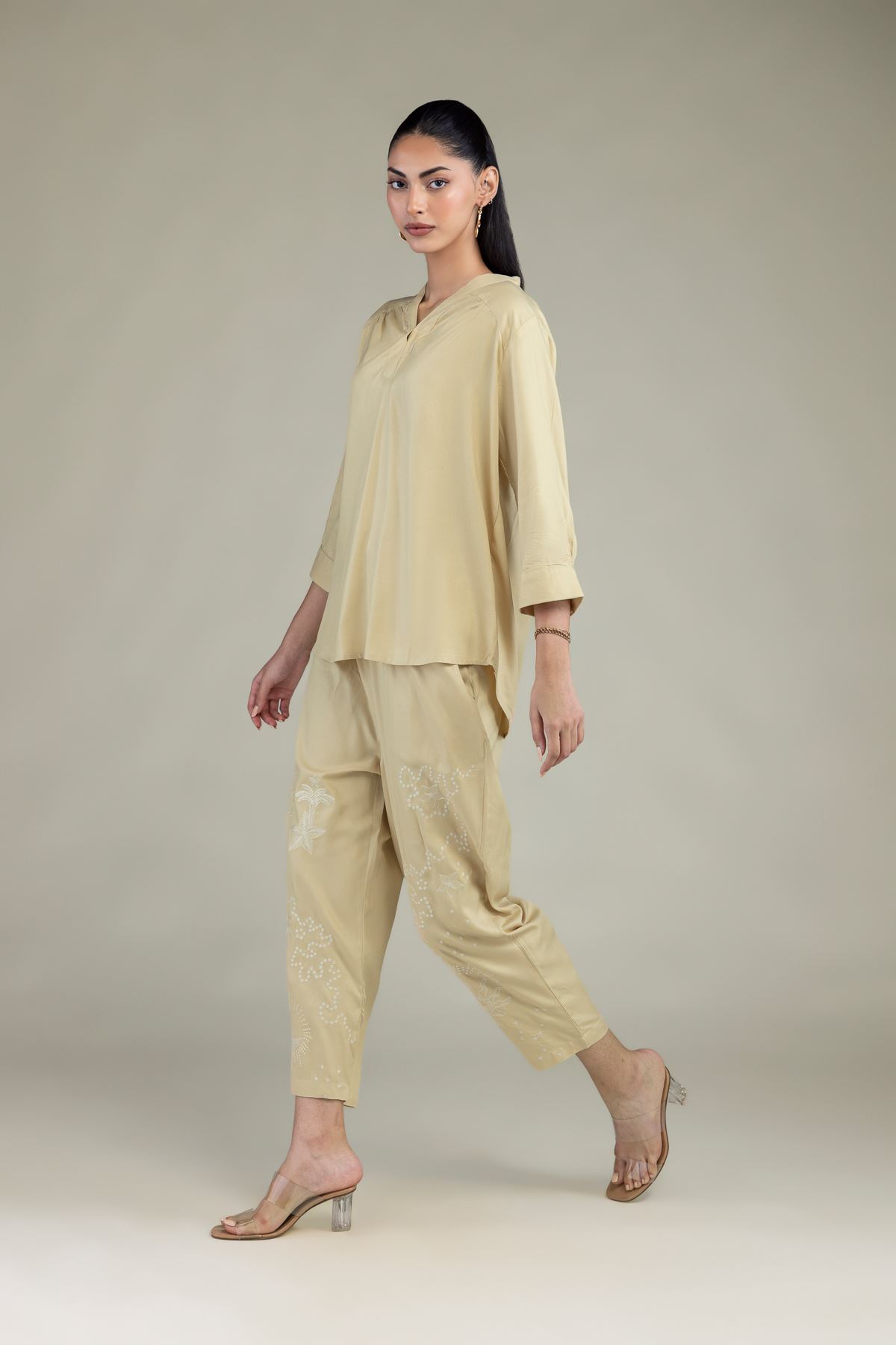 Embroidered Viscose Crepe Viscose Beige Trousers - 8-26-203-A-A1-VG