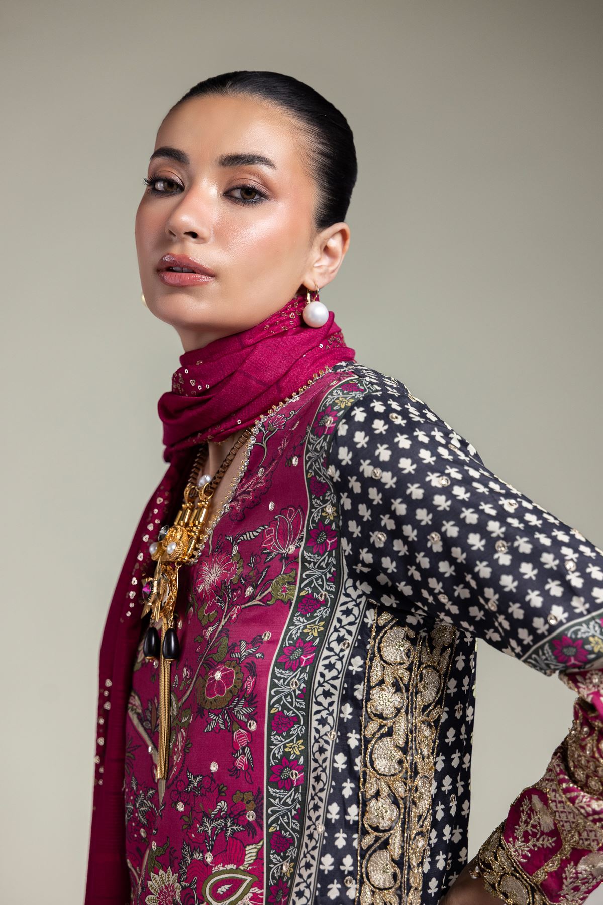 Embroidered Raw Silk Printed 3-Piece Set - 1001928305