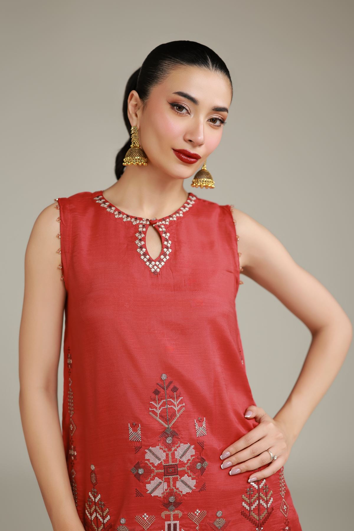 Embroidered Raw Silk Printed Rust Kurta - 1-26-137-A-B-VG