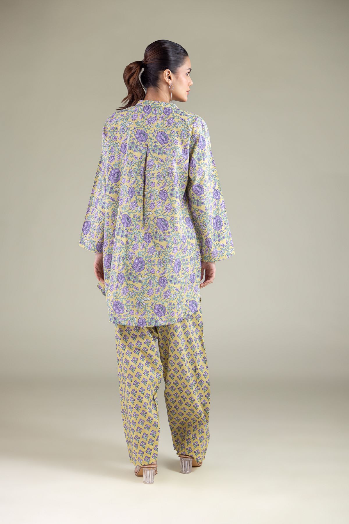 Printed Cambric Floral Band-Collar Kurta - 1-26-144-B-A-VG