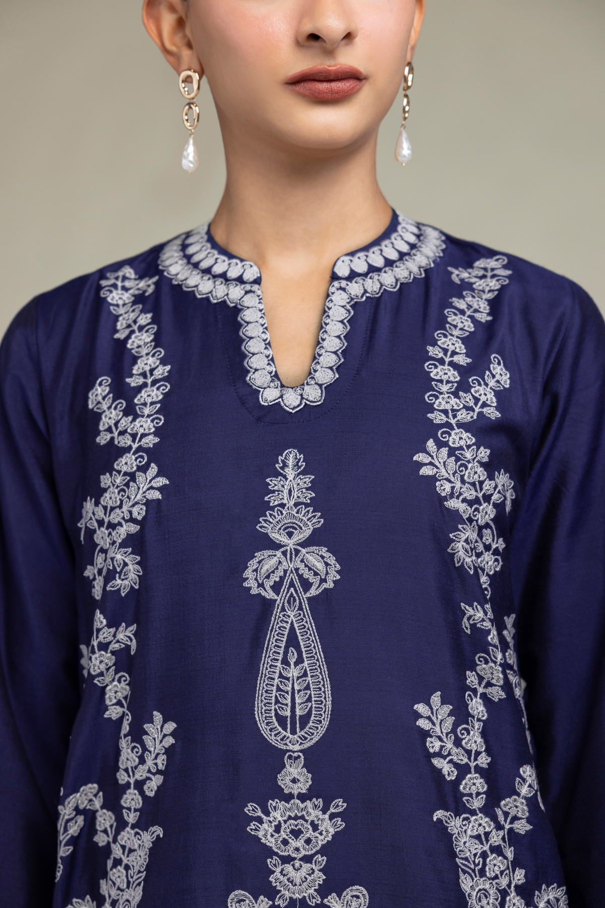 Embroidered Raw Silk Navy Floral Kurta - 1-26-306-B-B1-VG