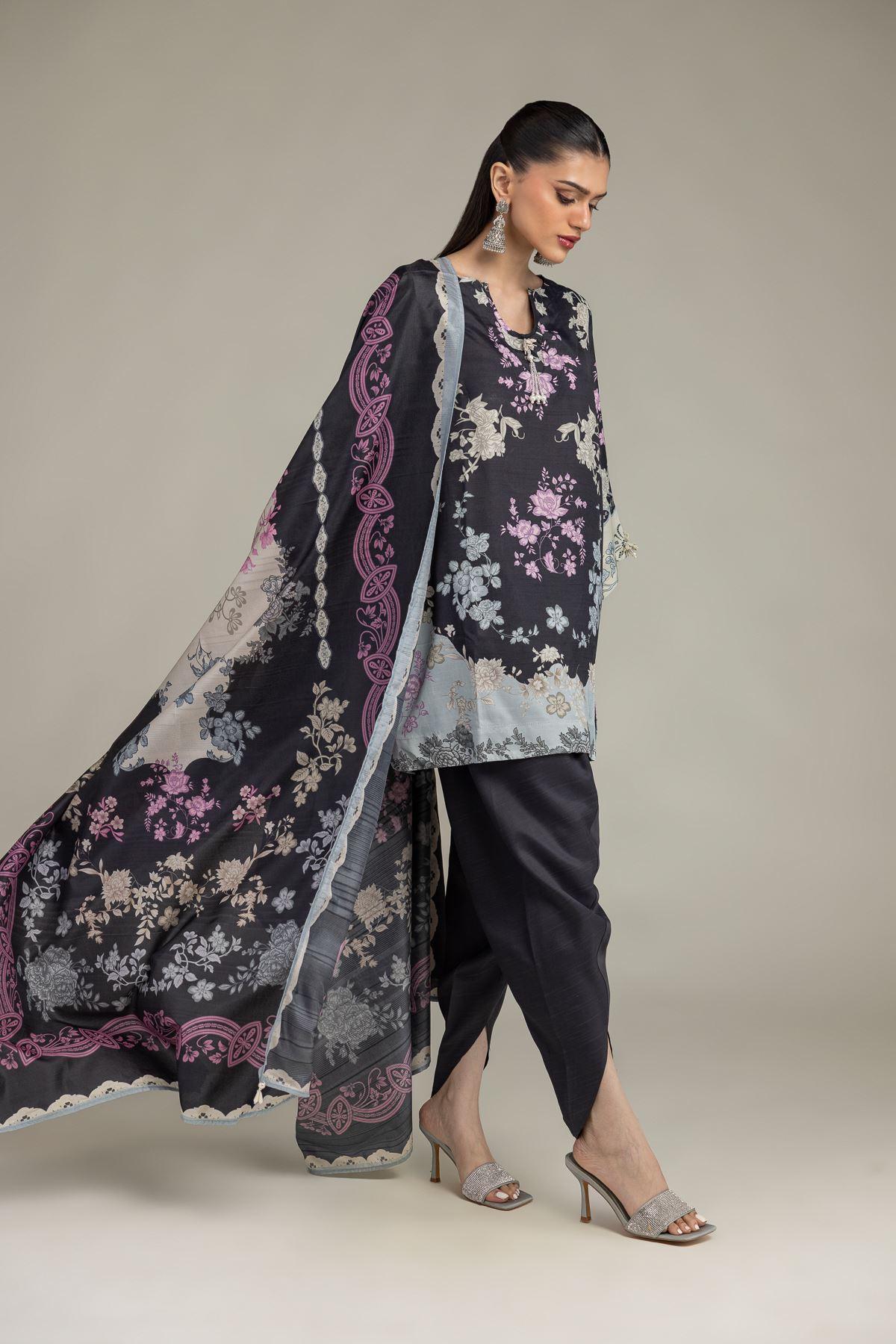 Embroidered Polyester Silk Black Floral Dupatta - 1-26-203-A-J2-VG