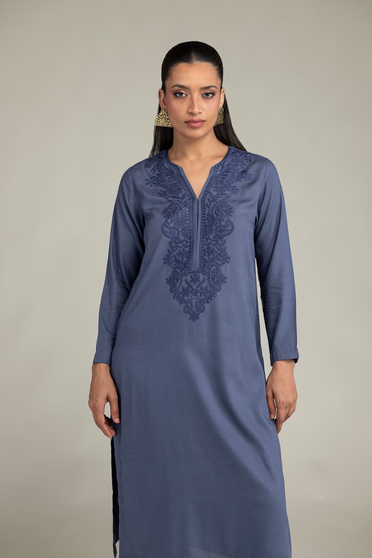 Dyed Raw Silk Longline V-Neck Kurta - 8-26-301-A-C1-VG