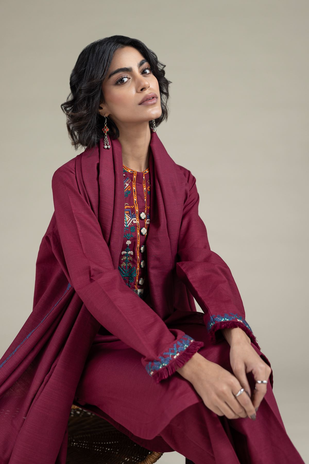Embroidered Textured Cotton Dupatta - 25-10-10S4-02TB-VG