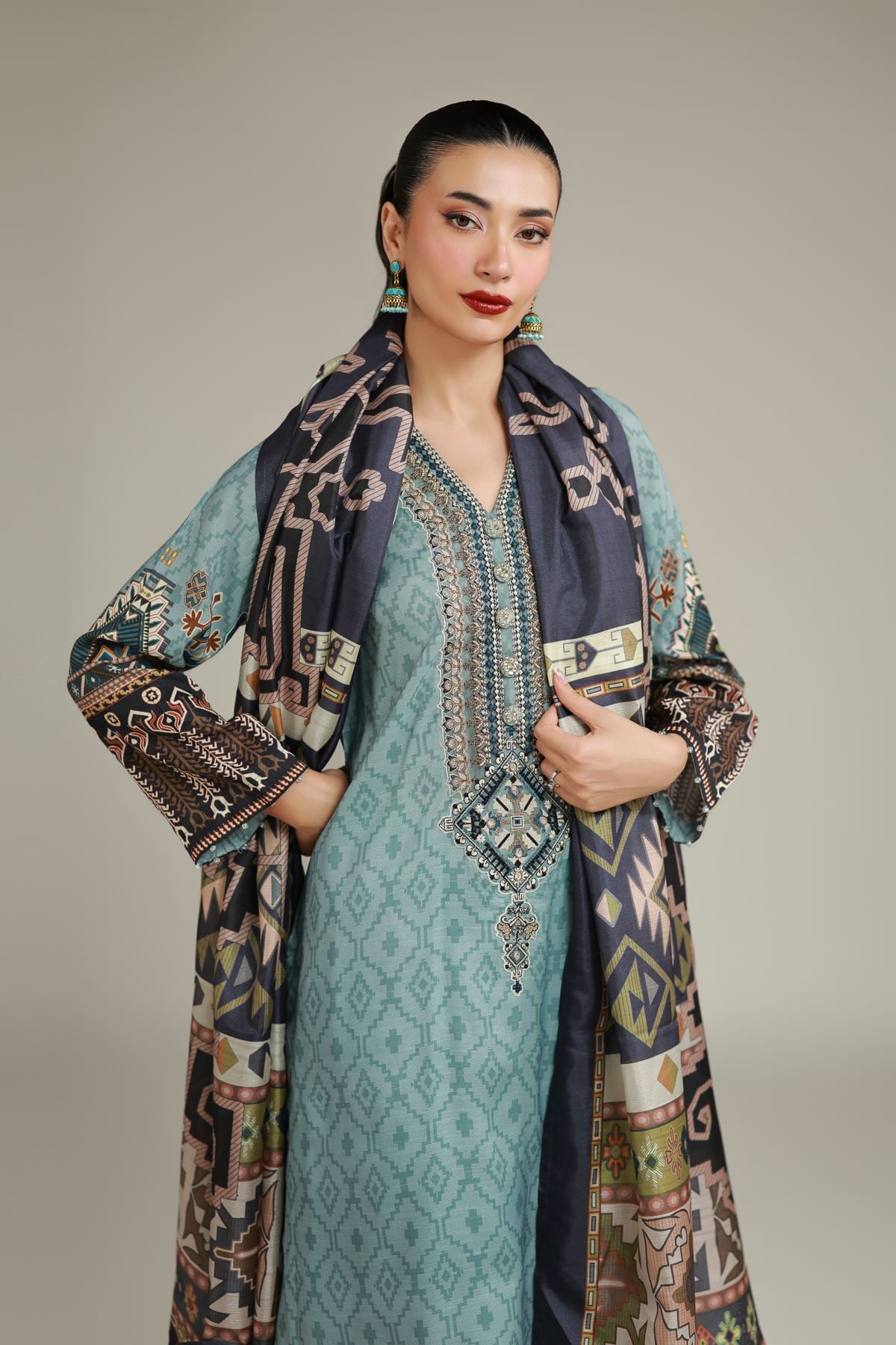 Embroidered Raw Silk Teal Longline Kurta - 1-26-101-A-D-VG